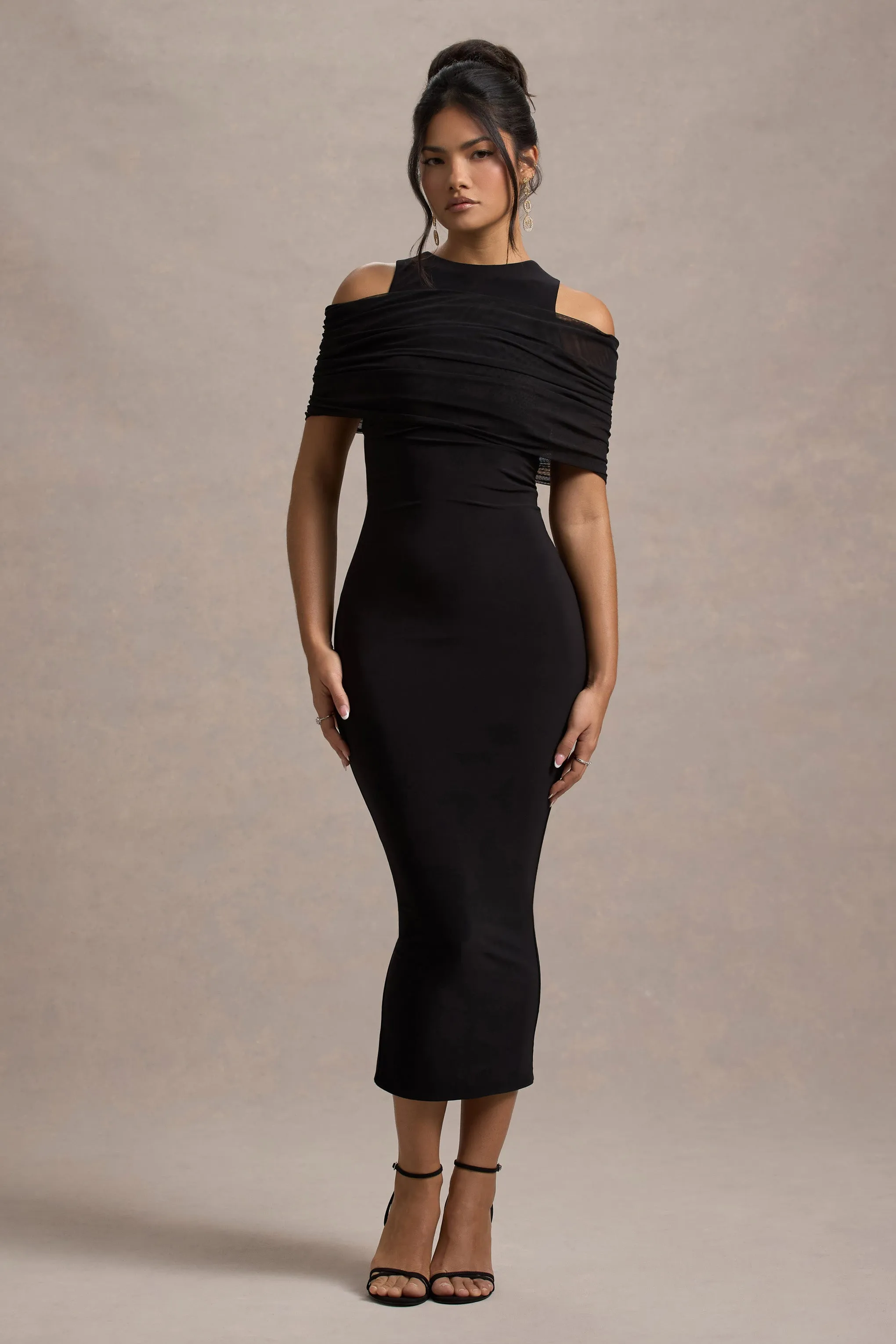 Lupine | Black Mesh Bardot Bodycon Midi Dress Club L London