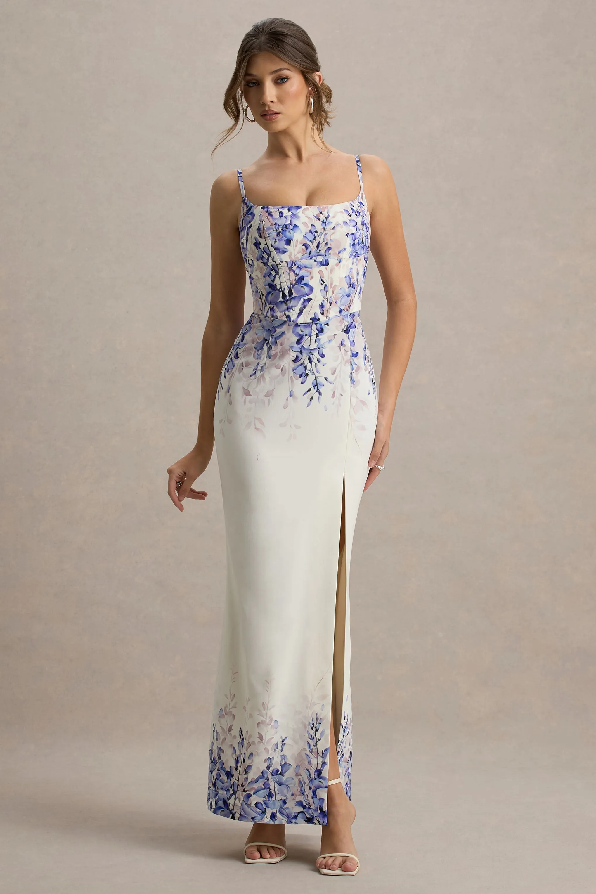 Lupita | Wisteria Print Linen Split Maxi Dress Club L London