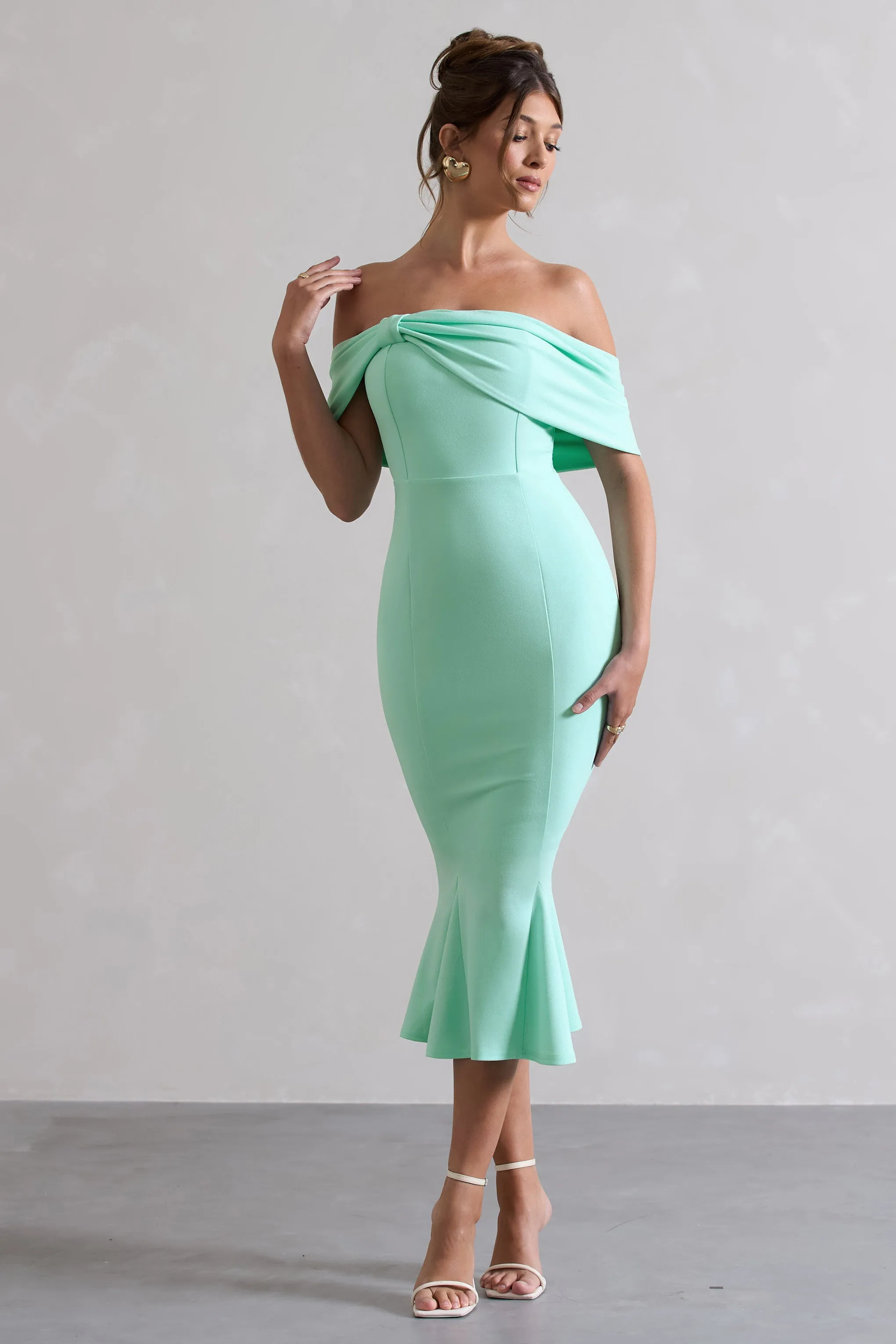 Lydia | Mint Bardot Bow Detail Midi Dress Club L London