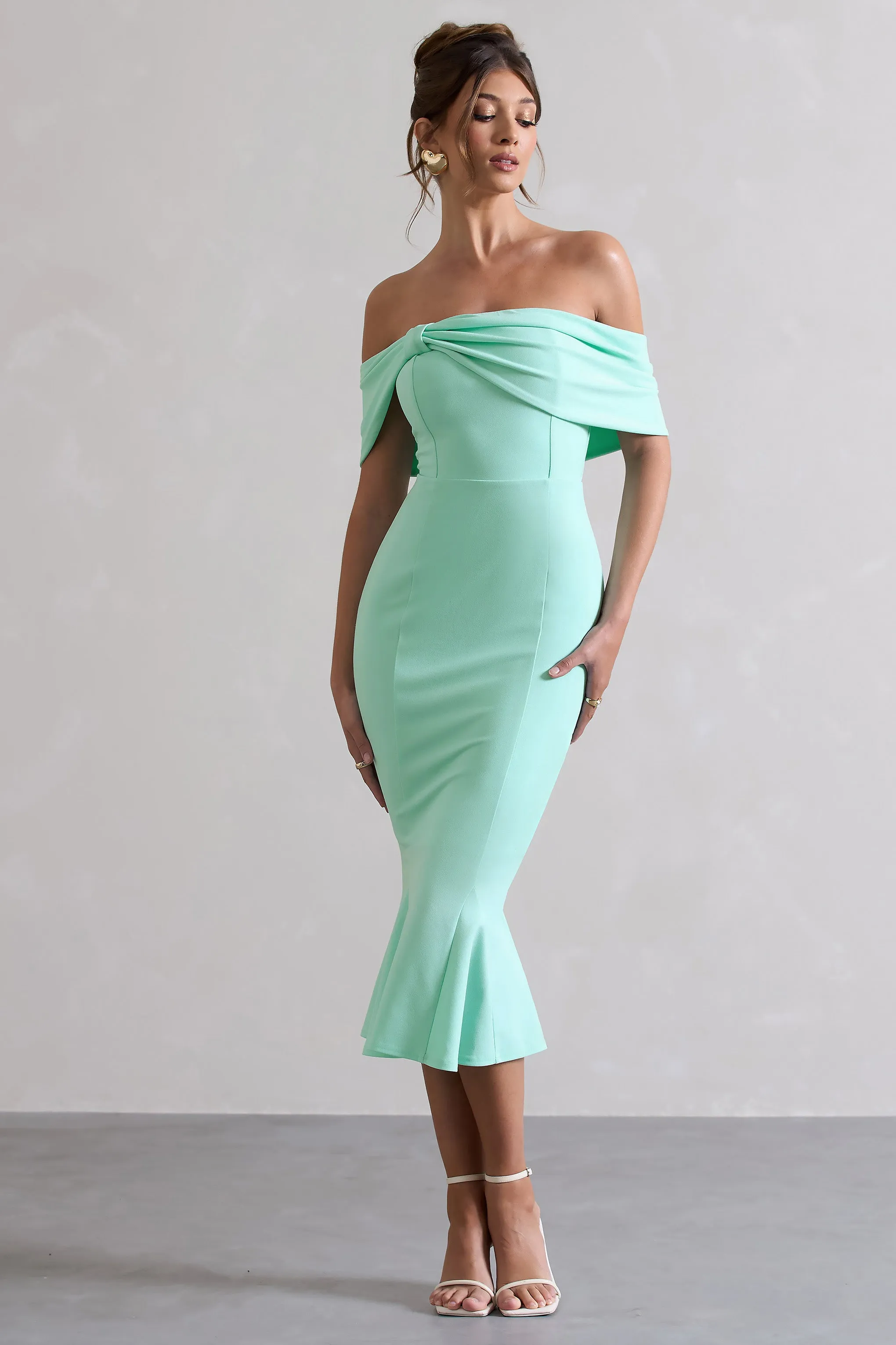Lydia | Mint Bardot Bow Detail Midi Dress Club L London