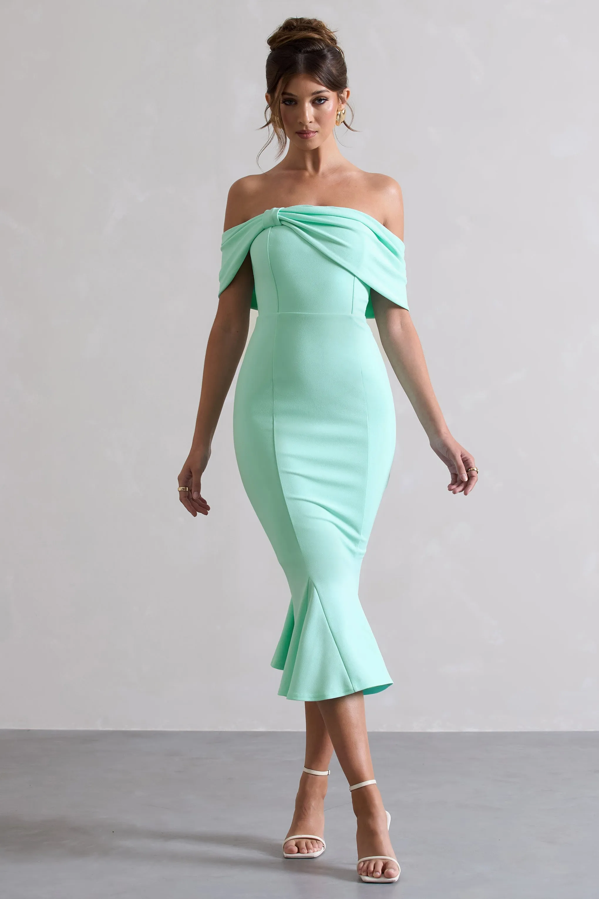 Lydia | Mint Bardot Bow Detail Midi Dress Club L London