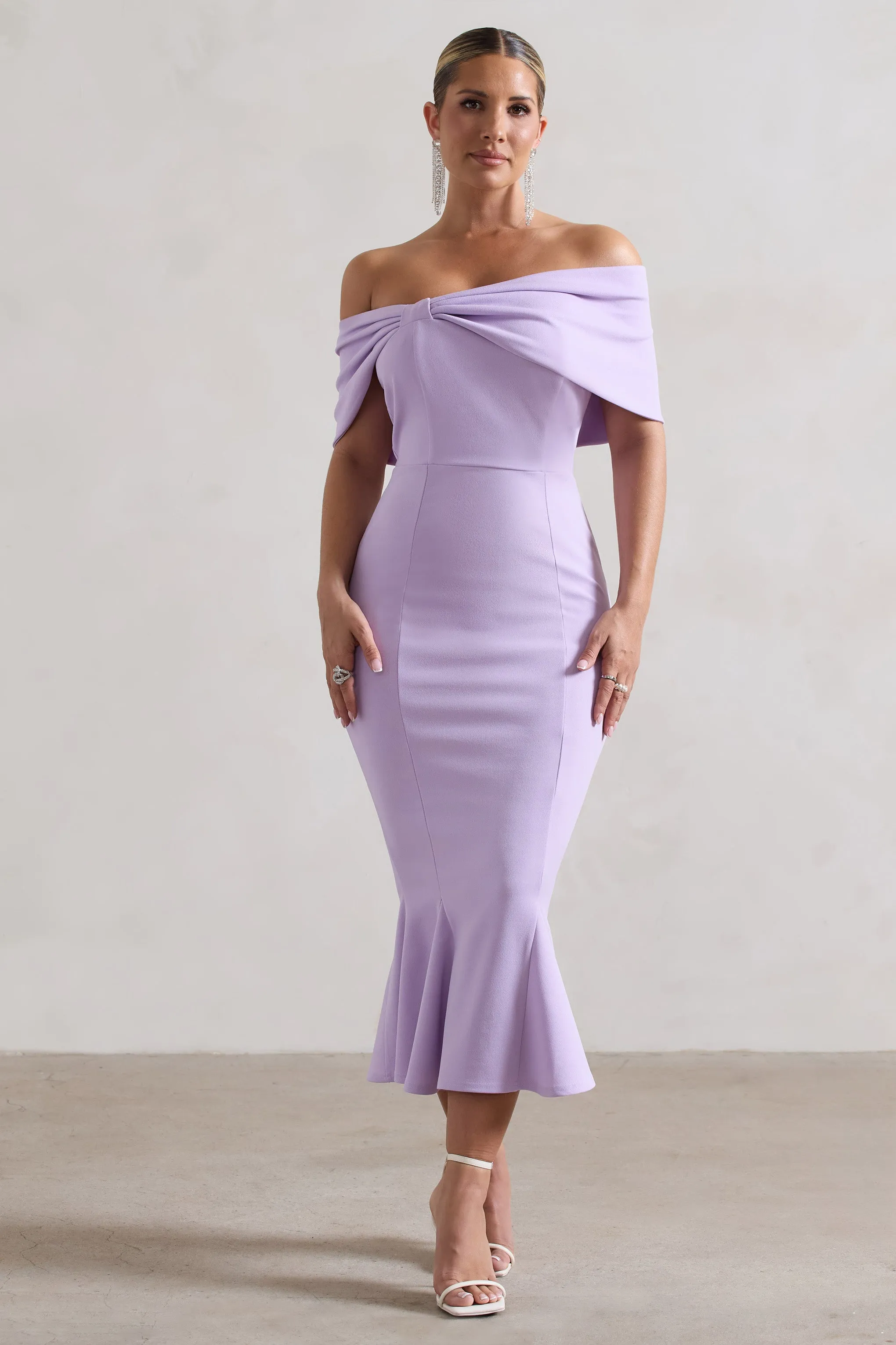 Lydia | Pastel Lilac Bardot Bow Detail Midi Dress Club L London