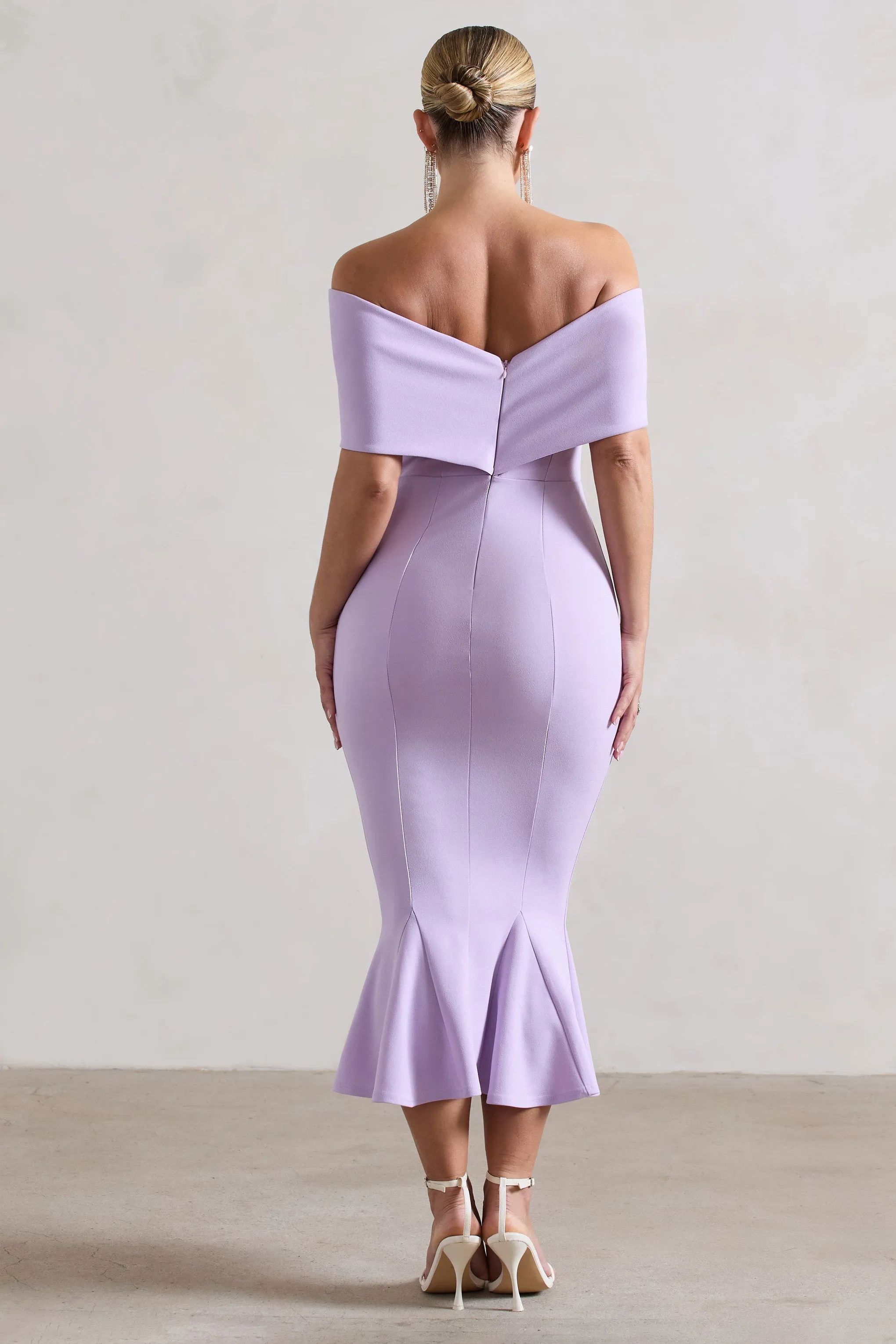 Lydia | Pastel Lilac Bardot Bow Detail Midi Dress Club L London