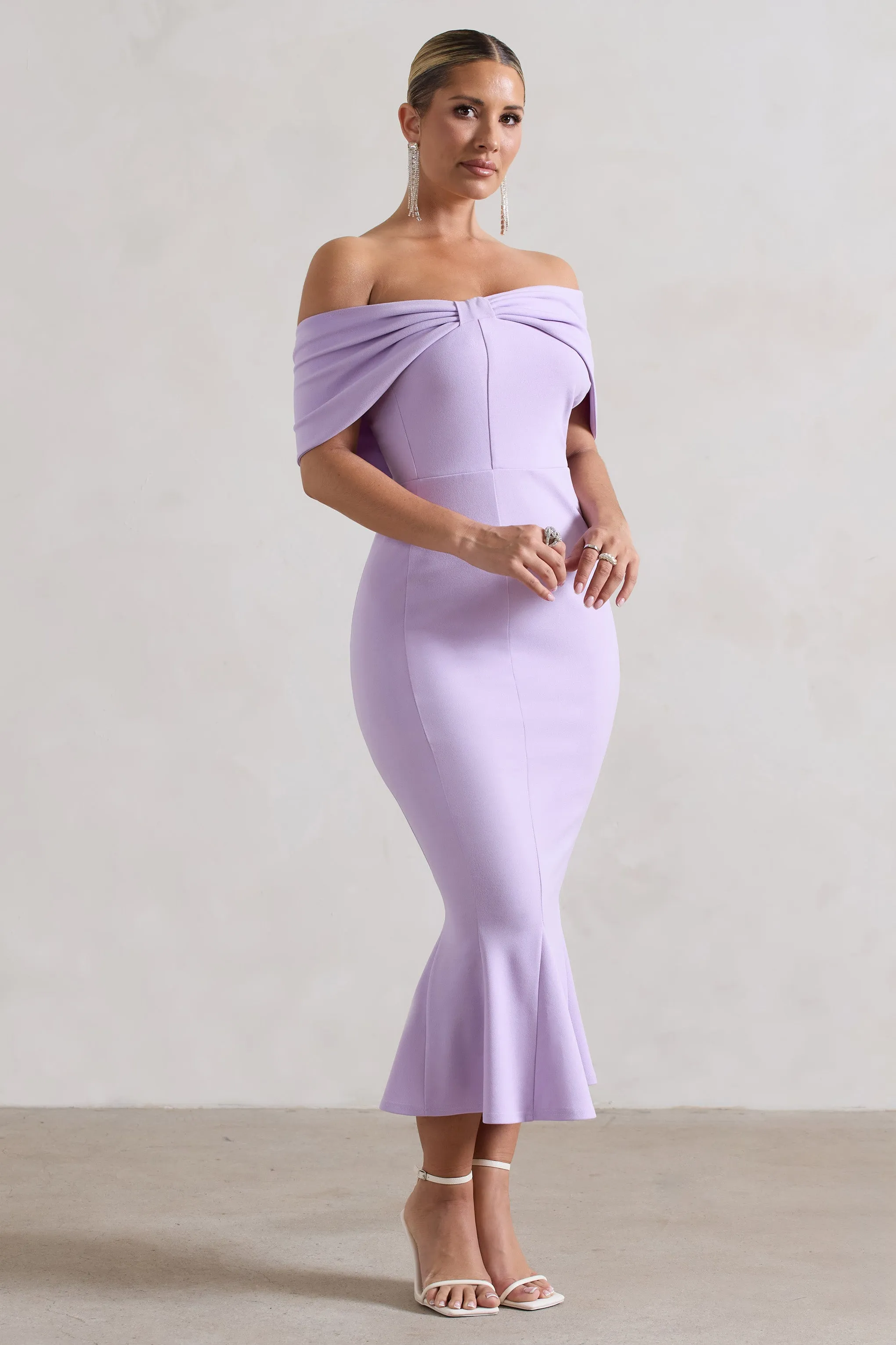Lydia | Pastel Lilac Bardot Bow Detail Midi Dress Club L London