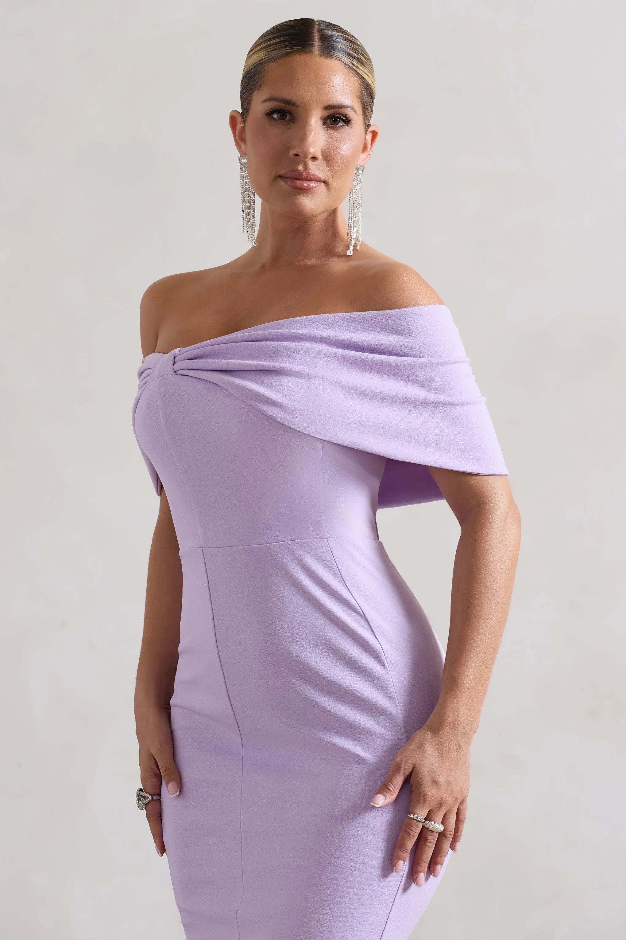 Lydia | Pastel Lilac Bardot Bow Detail Midi Dress Club L London