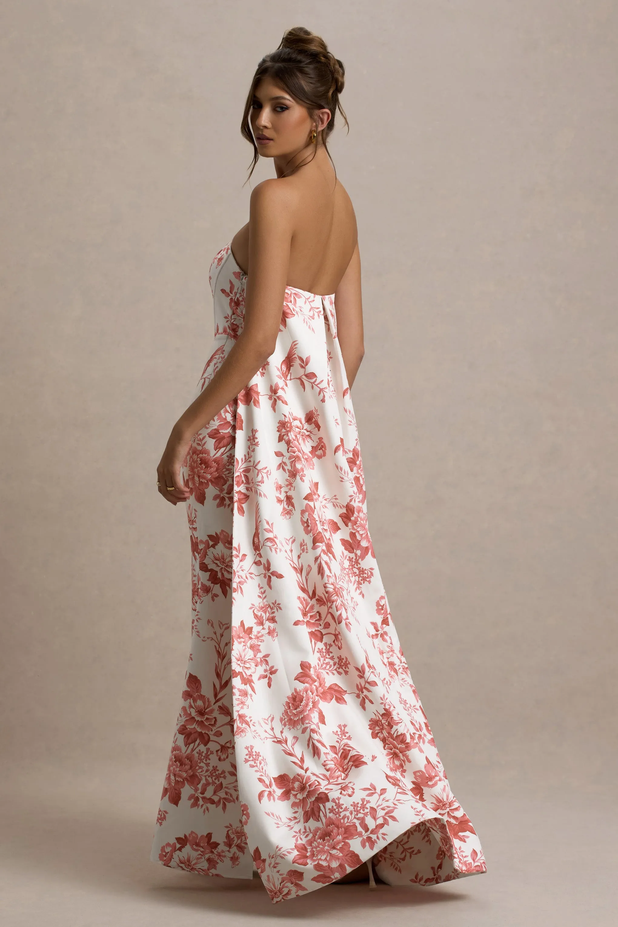 Lywenn | Pink Porcelain Print Bandeau Maxi Dress With Cape Club L London