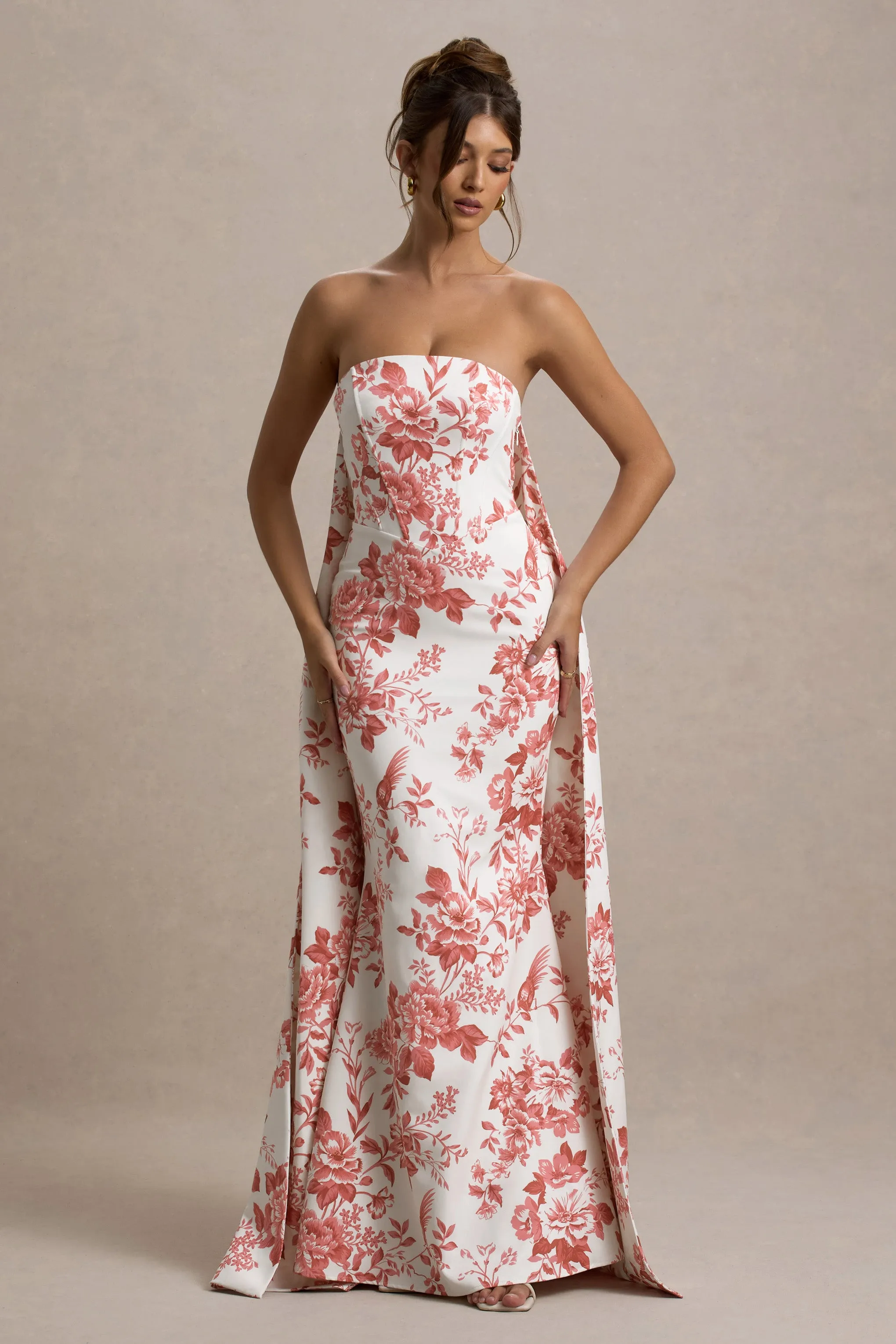 Lywenn | Pink Porcelain Print Bandeau Maxi Dress With Cape Club L London