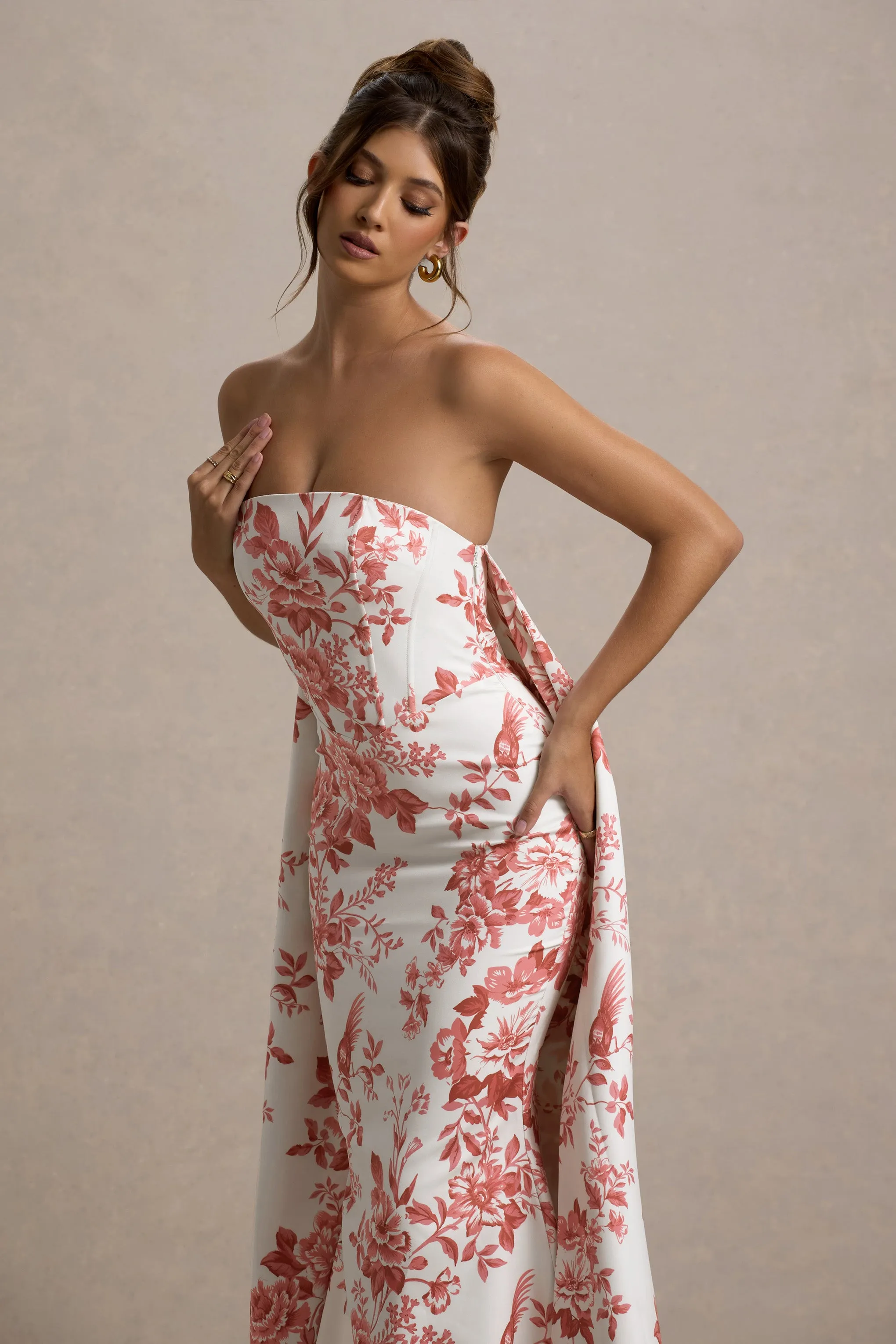 Lywenn | Pink Porcelain Print Bandeau Maxi Dress With Cape Club L London