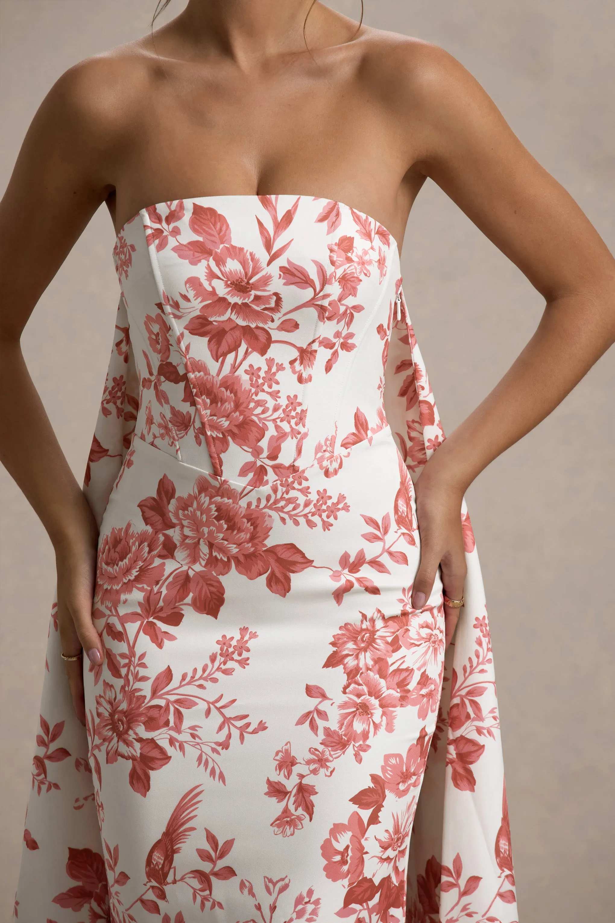Lywenn | Pink Porcelain Print Bandeau Maxi Dress With Cape Club L London