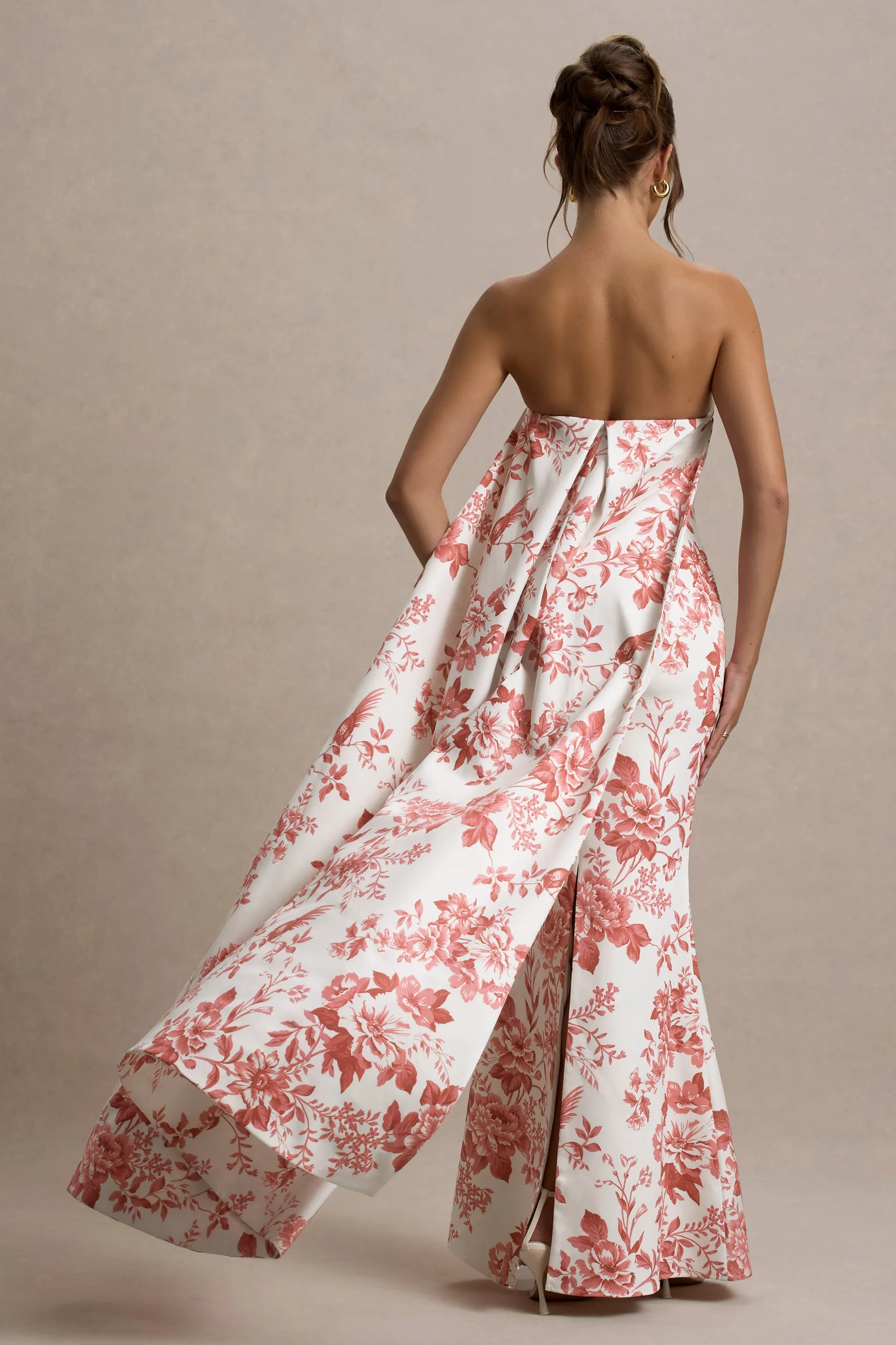 Lywenn | Pink Porcelain Print Bandeau Maxi Dress With Cape Club L London