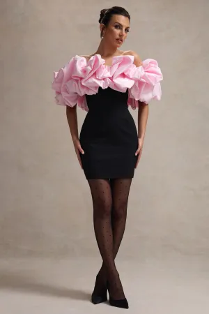 Macaron | Black Bardot Mini Dress With Pink Ruffle Trim Club L London