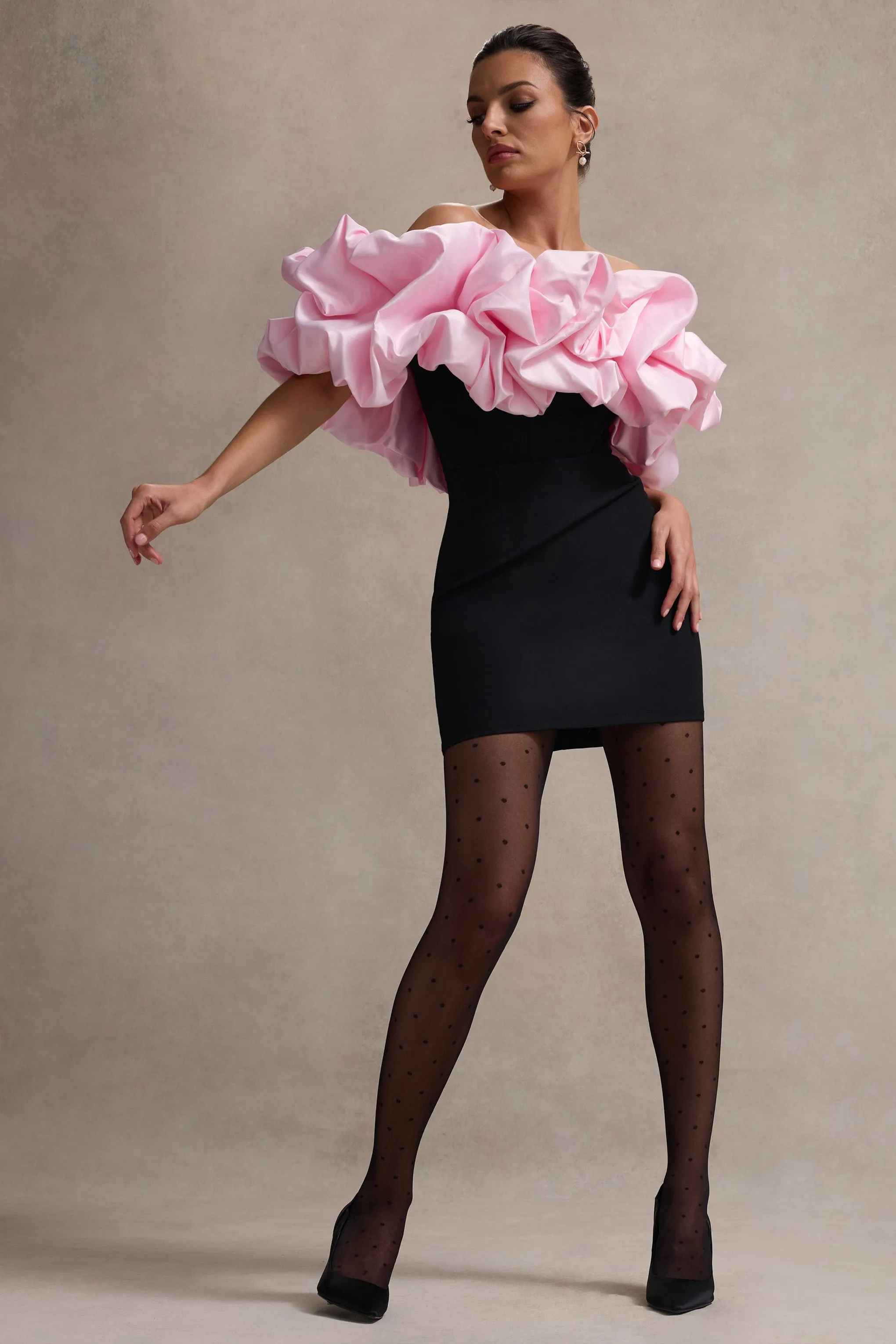 Macaron | Black Bardot Mini Dress With Pink Ruffle Trim Club L London