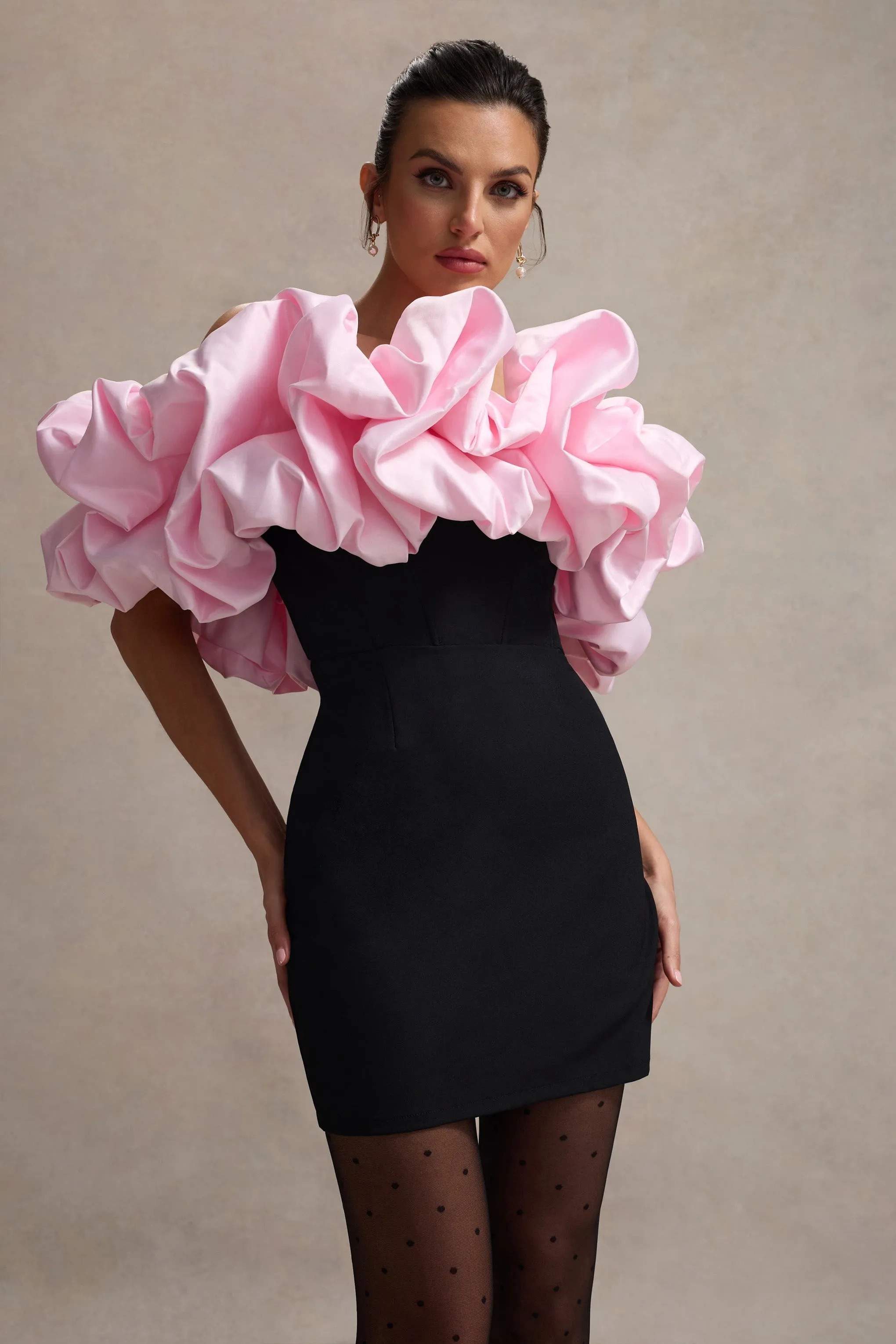 Macaron | Black Bardot Mini Dress With Pink Ruffle Trim Club L London
