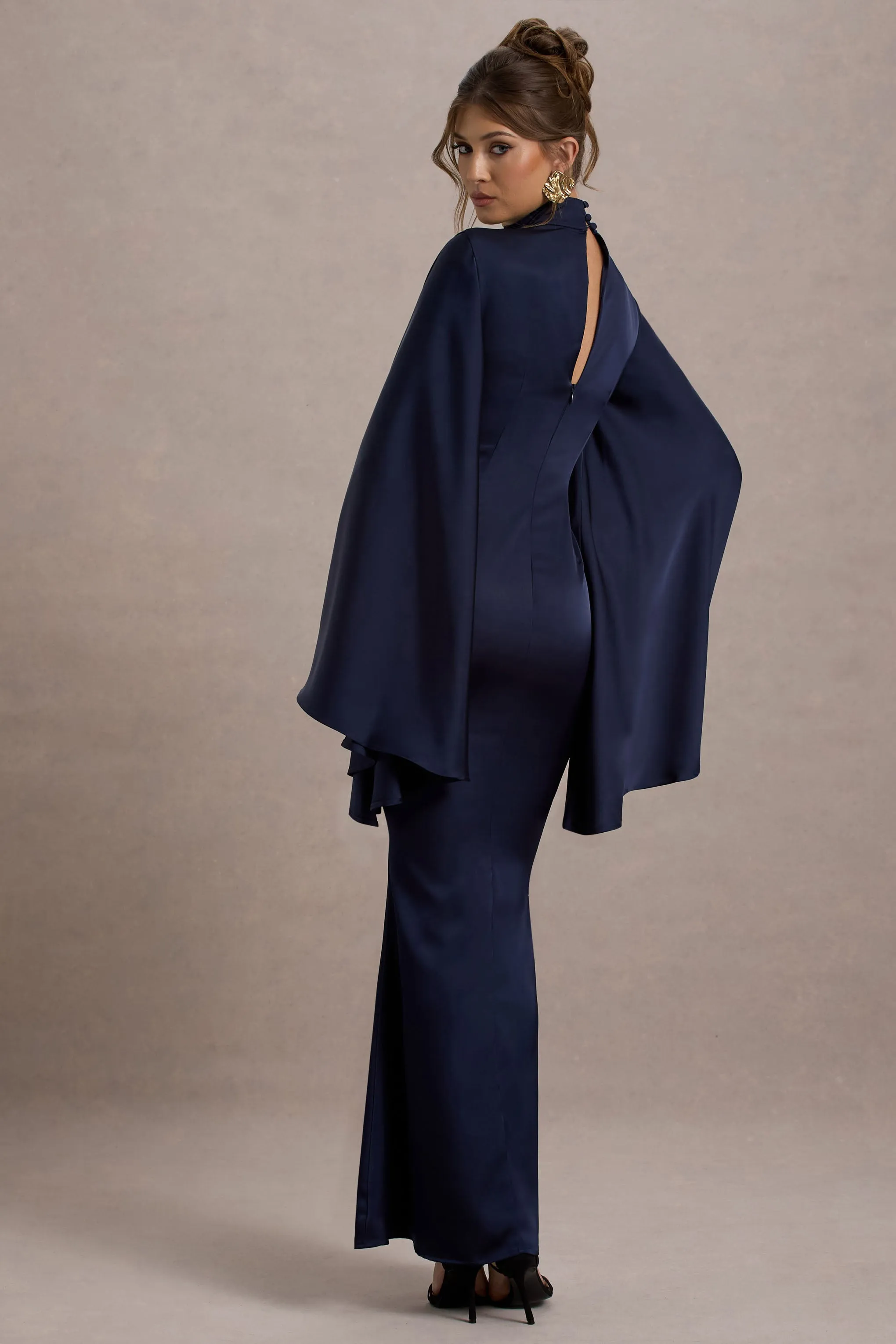 Maceline | Navy Satin High-Neck Maxi Dress With Cape Sleeves Club L London