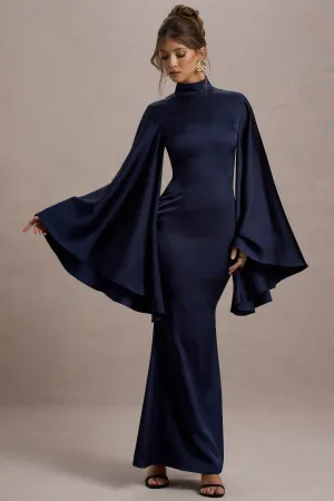Maceline | Navy Satin High-Neck Maxi Dress With Cape Sleeves Club L London
