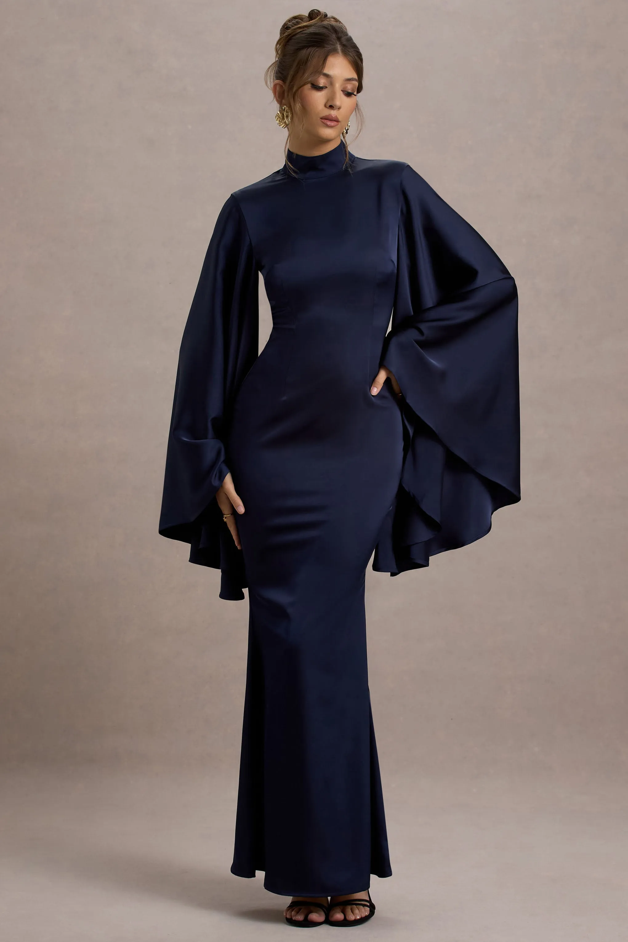 Maceline | Navy Satin High-Neck Maxi Dress With Cape Sleeves Club L London