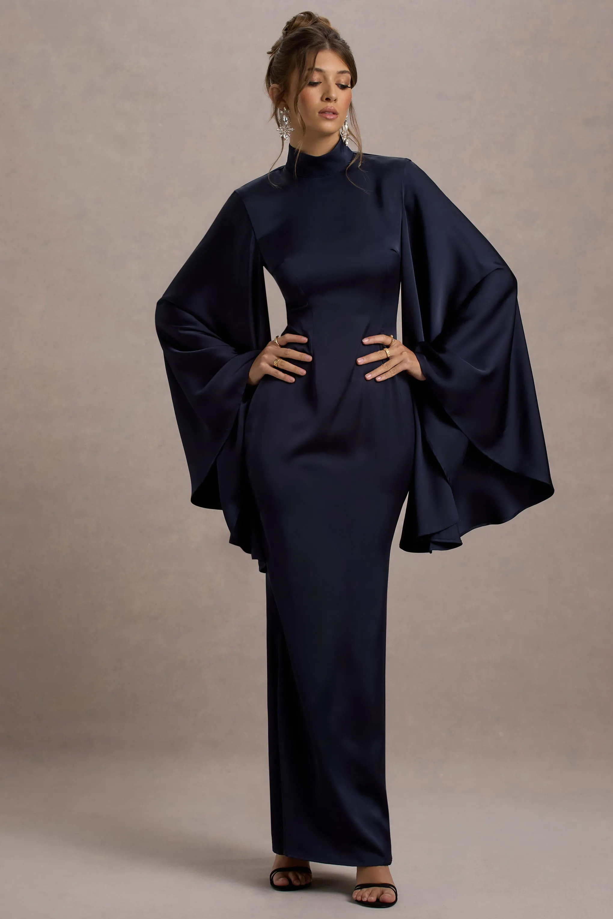 Maceline | Navy Satin High-Neck Maxi Dress With Cape Sleeves Club L London