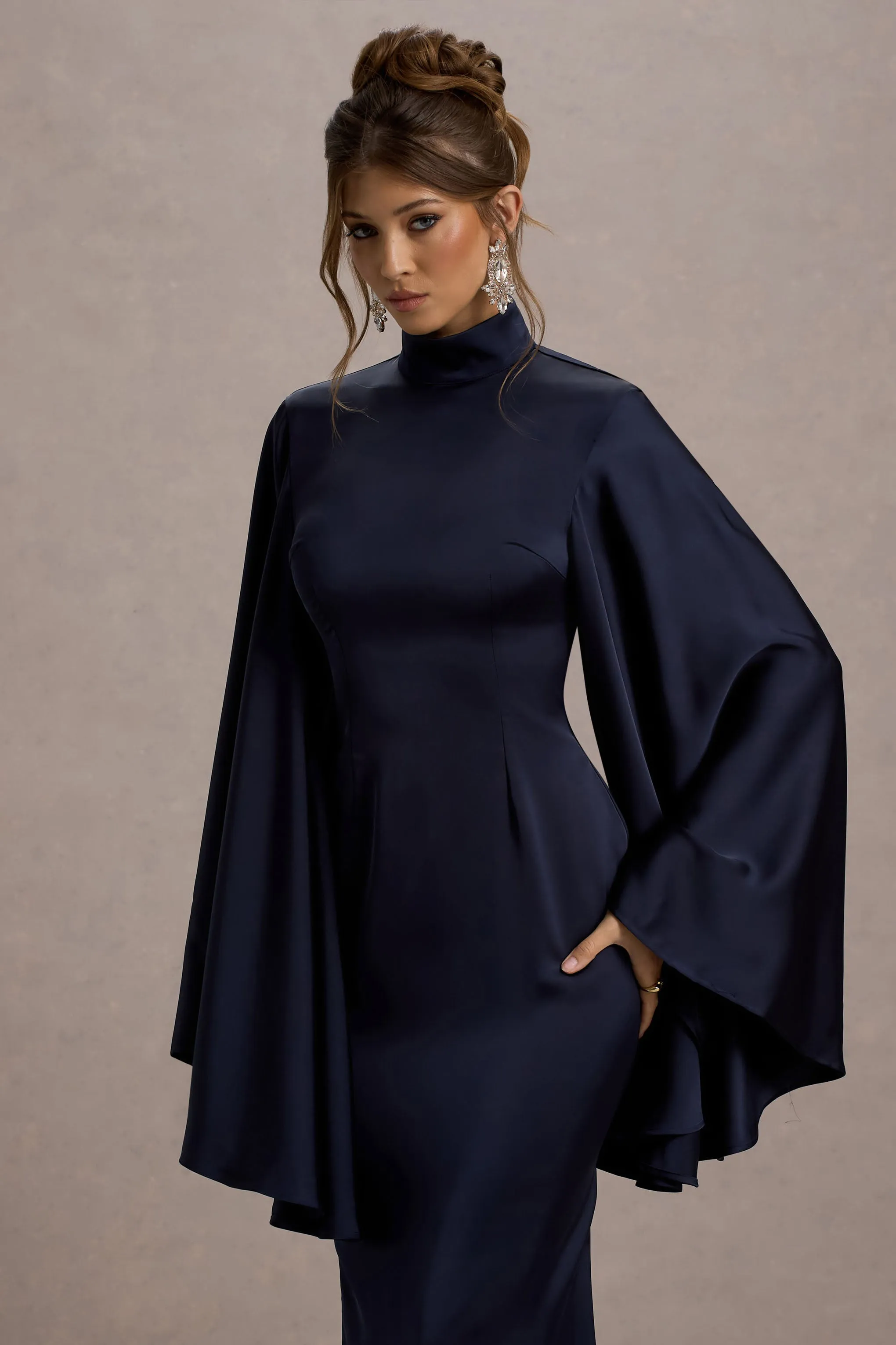 Maceline | Navy Satin High-Neck Maxi Dress With Cape Sleeves Club L London
