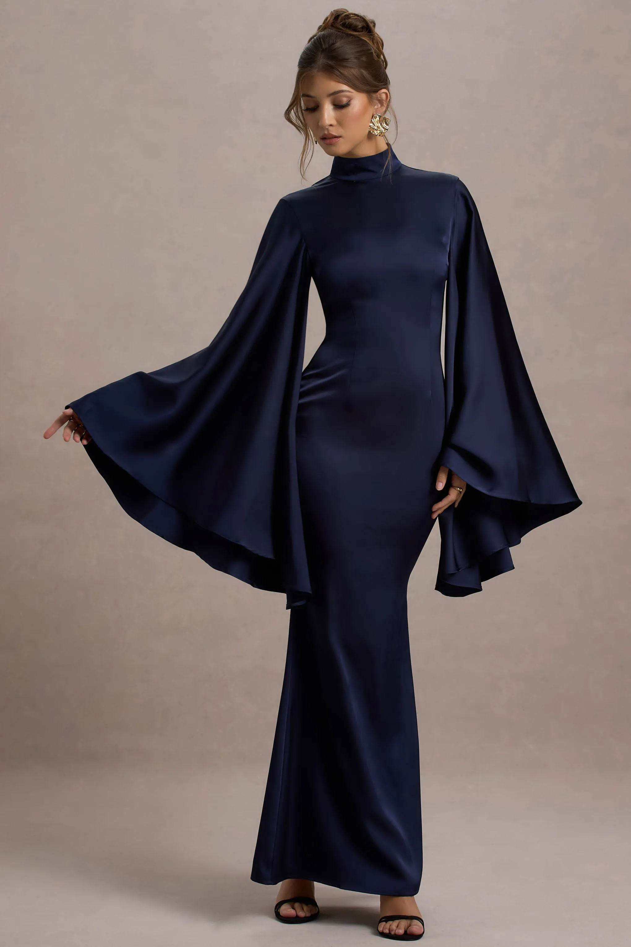 Maceline | Navy Satin High-Neck Maxi Dress With Cape Sleeves Club L London