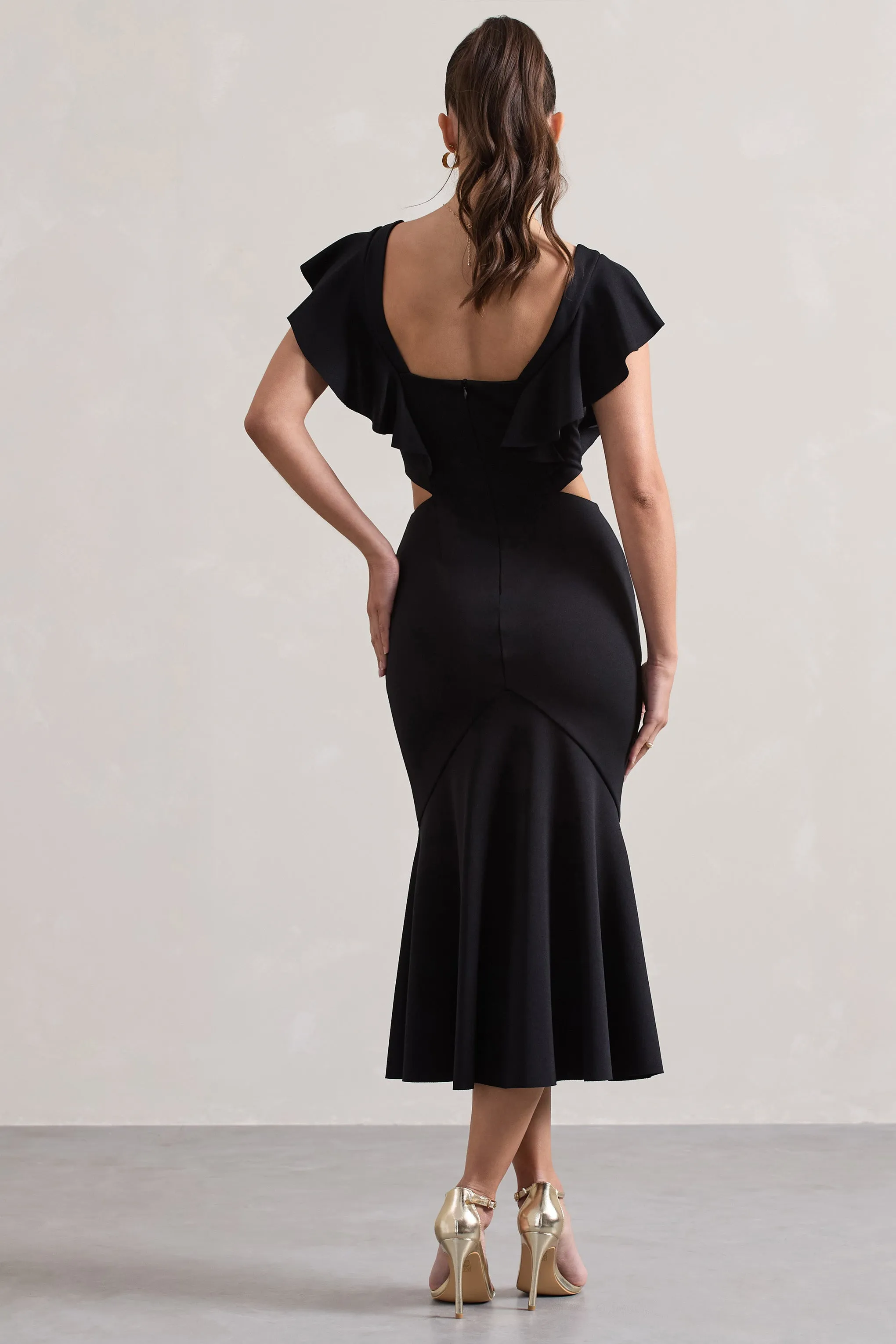Macey | Black Square-Neck Cut-Out Ruffled Midi Dress Club L London