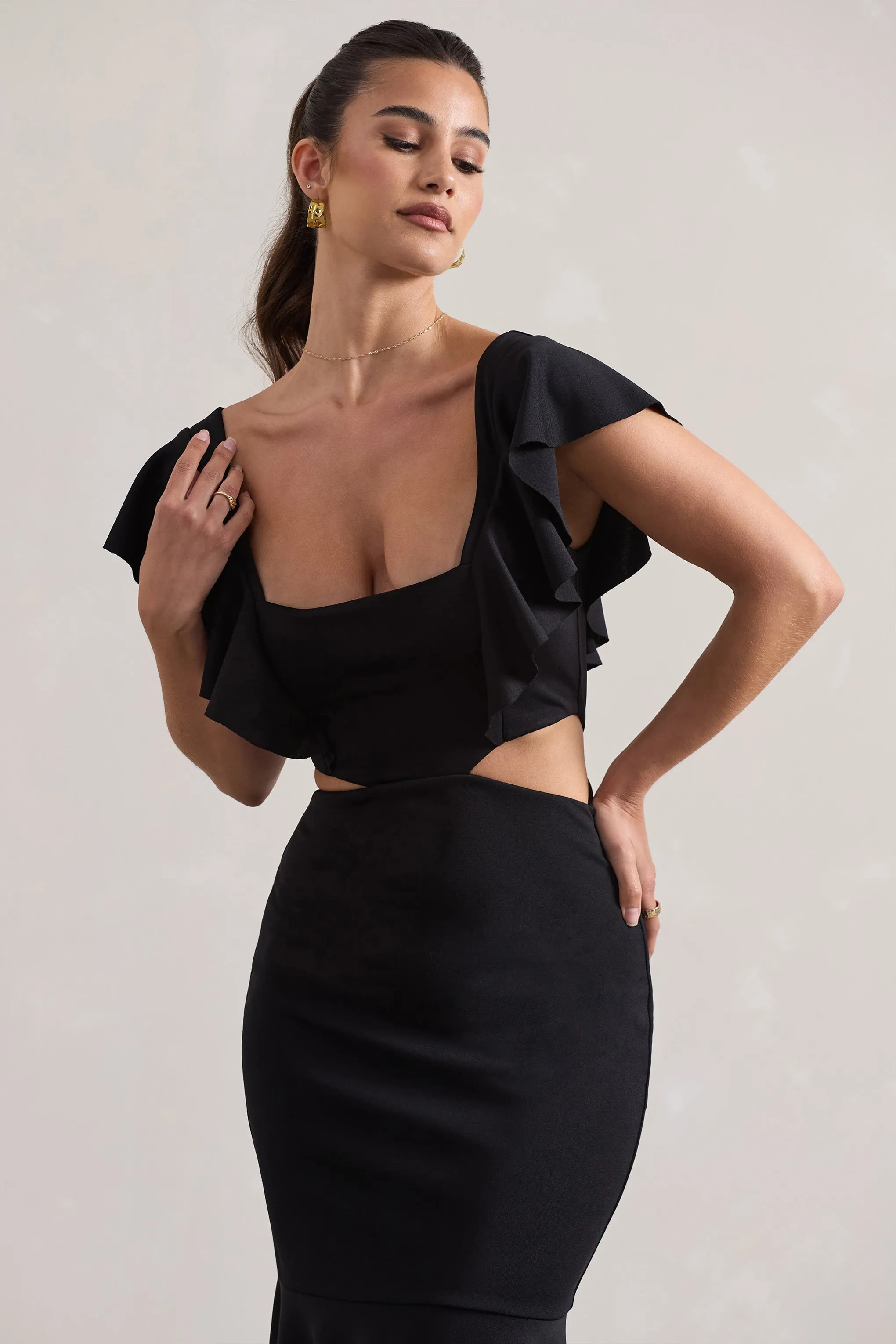 Macey | Black Square-Neck Cut-Out Ruffled Midi Dress Club L London