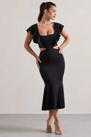 Macey | Black Square-Neck Cut-Out Ruffled Midi Dress Club L London