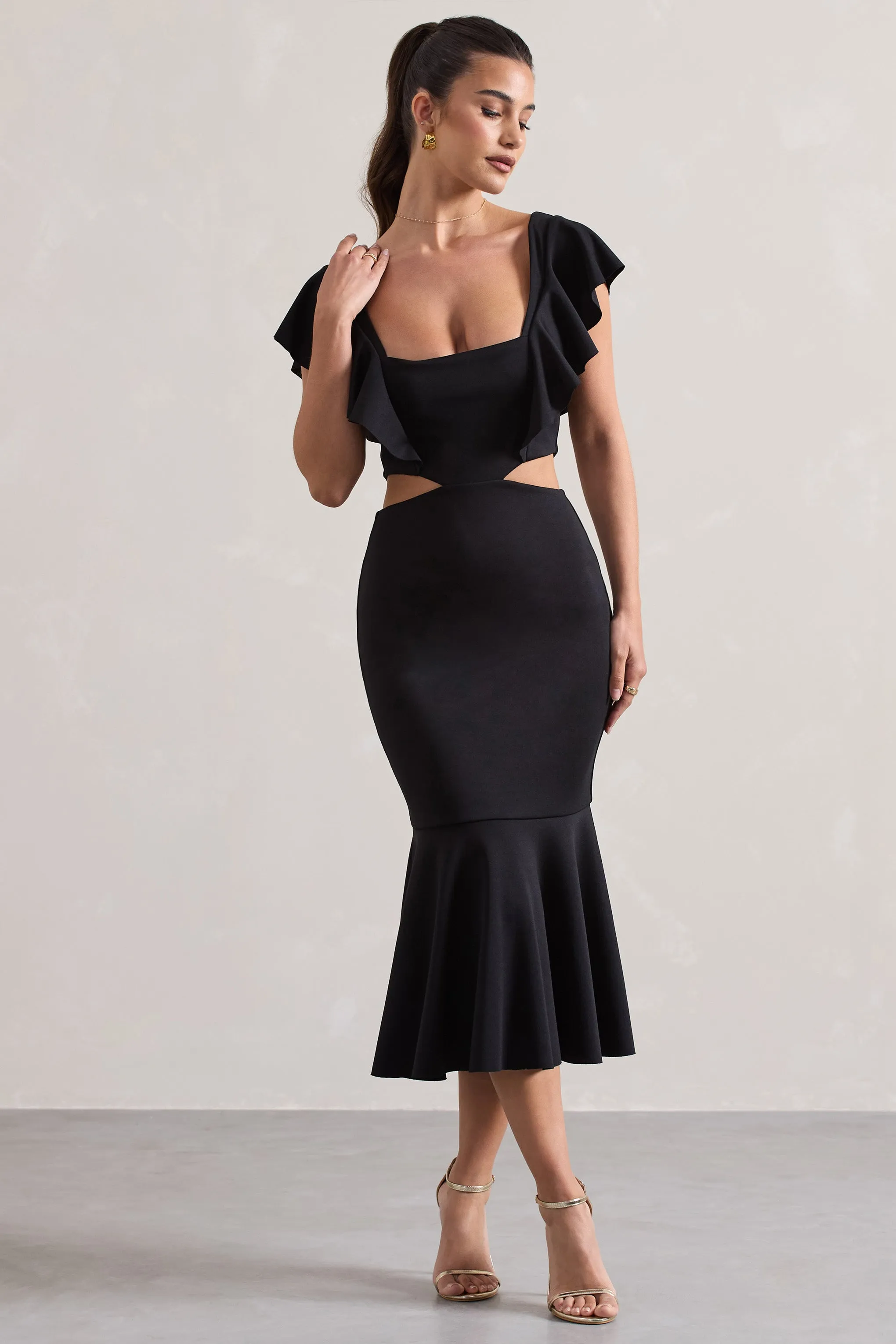 Macey | Black Square-Neck Cut-Out Ruffled Midi Dress Club L London