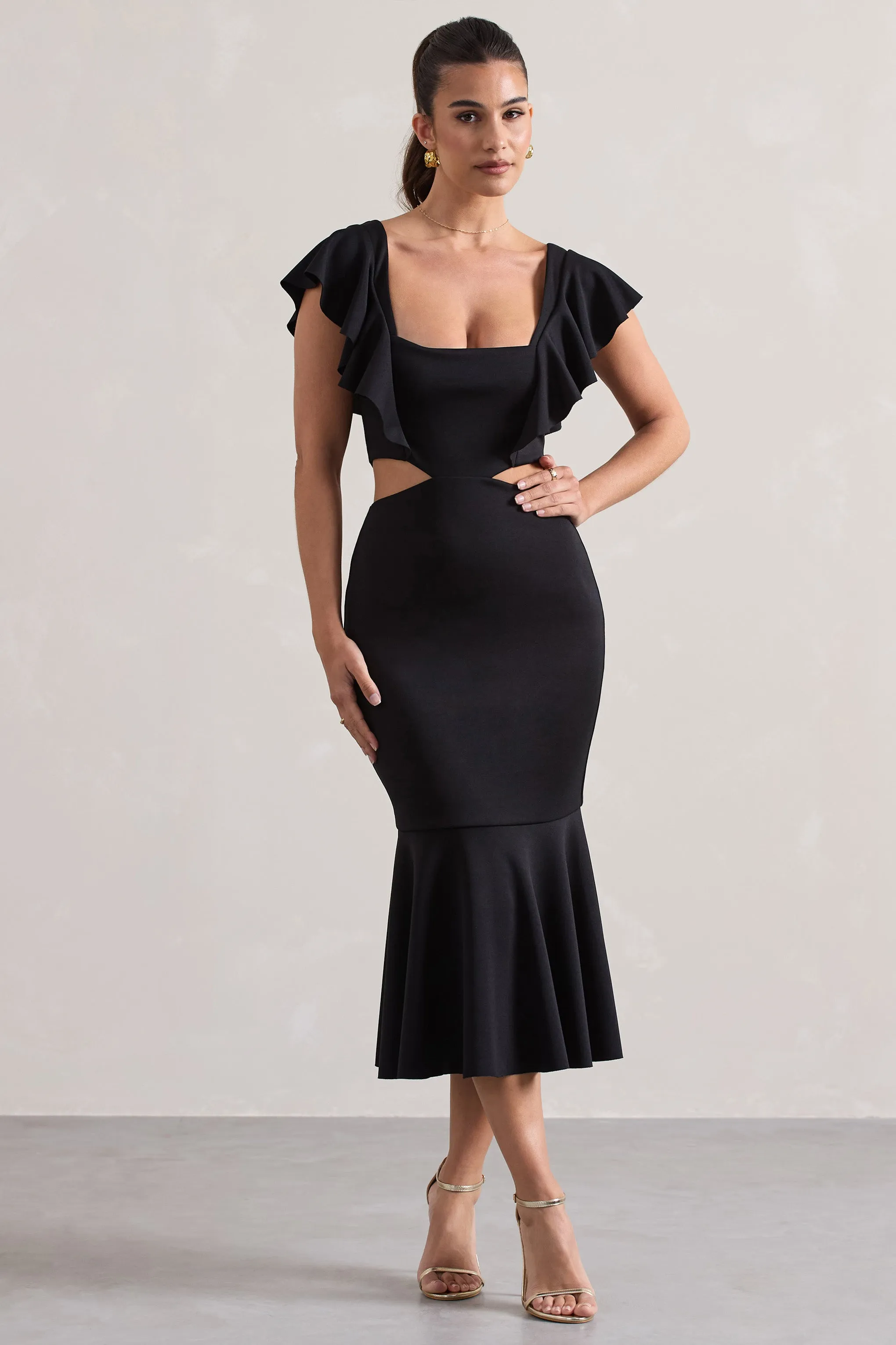 Macey | Black Square-Neck Cut-Out Ruffled Midi Dress Club L London