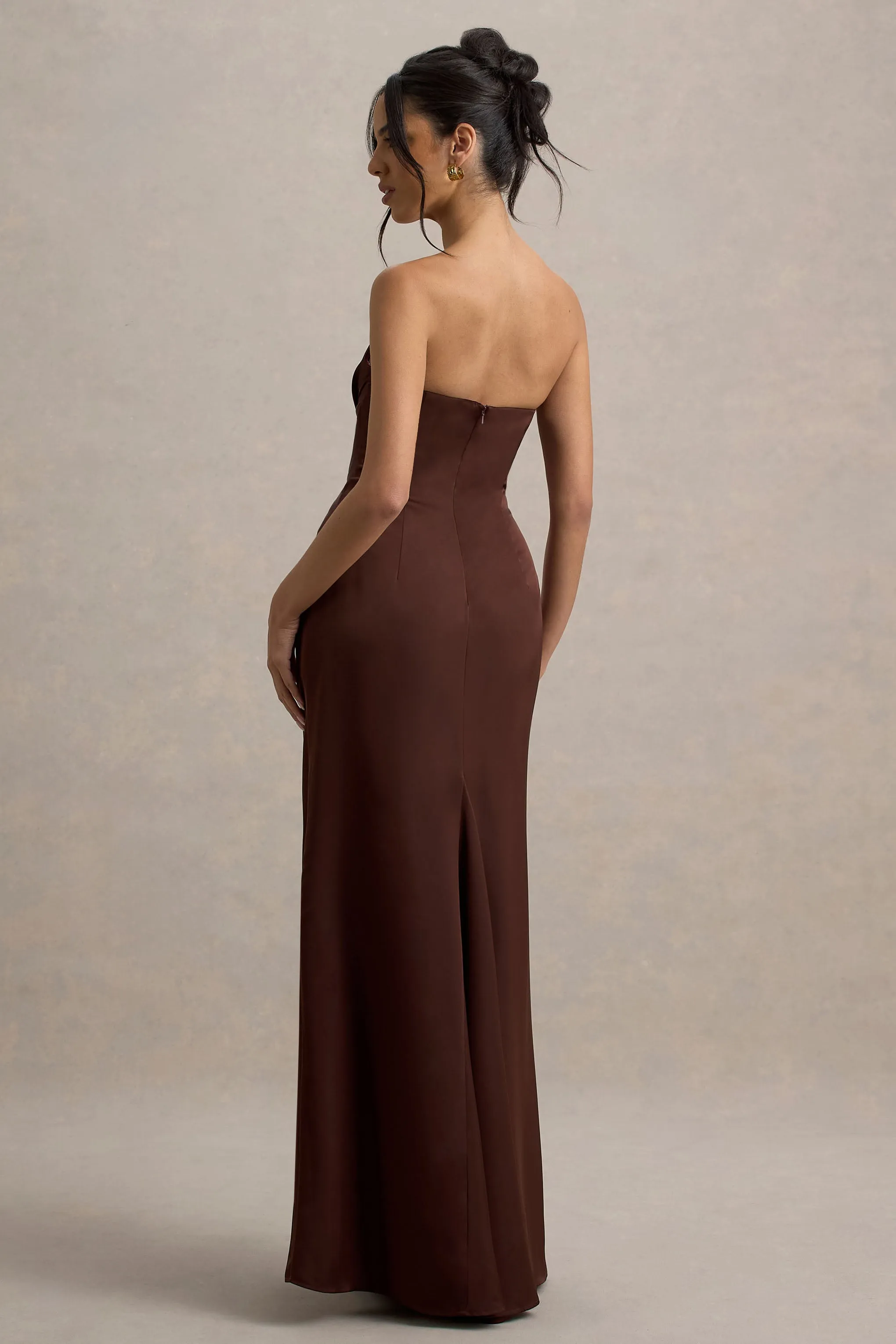 Mackenzie | Brown Satin Plunge-Neck Draped Maxi Dress Club L London
