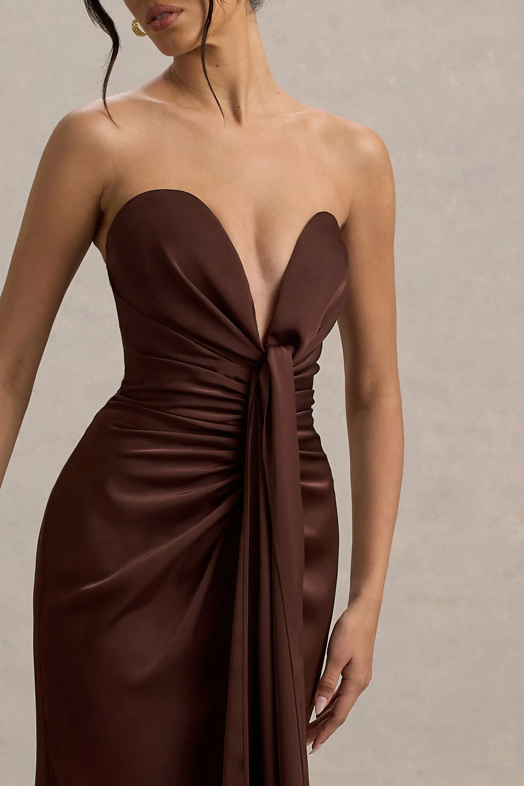 Mackenzie | Brown Satin Plunge-Neck Draped Maxi Dress Club L London