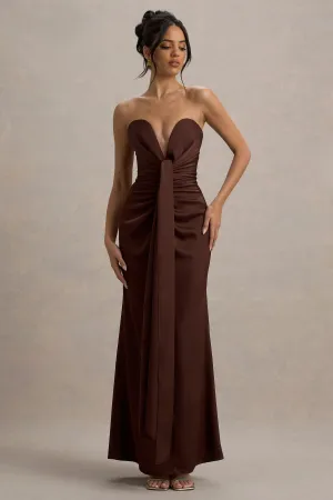 Mackenzie | Brown Satin Plunge-Neck Draped Maxi Dress Club L London