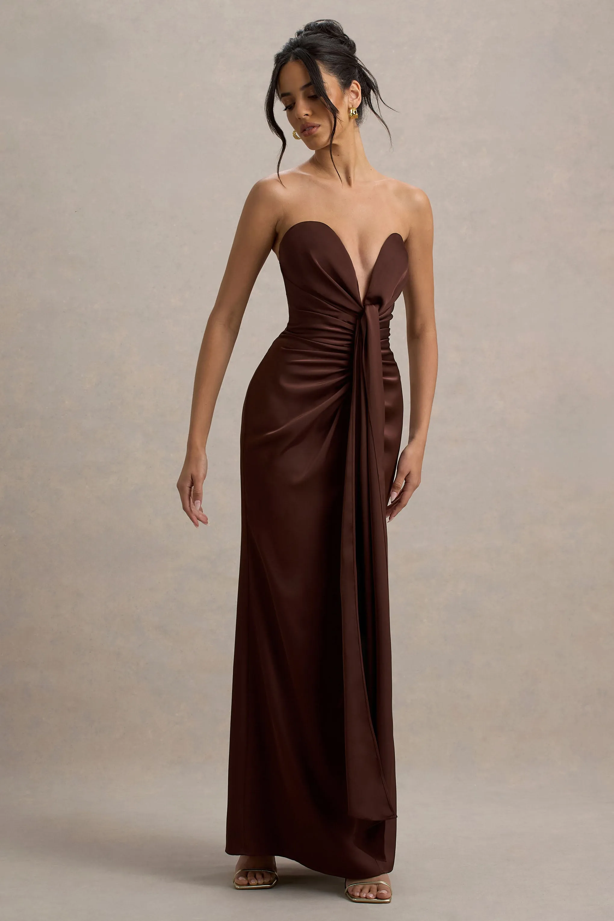 Mackenzie | Brown Satin Plunge-Neck Draped Maxi Dress Club L London