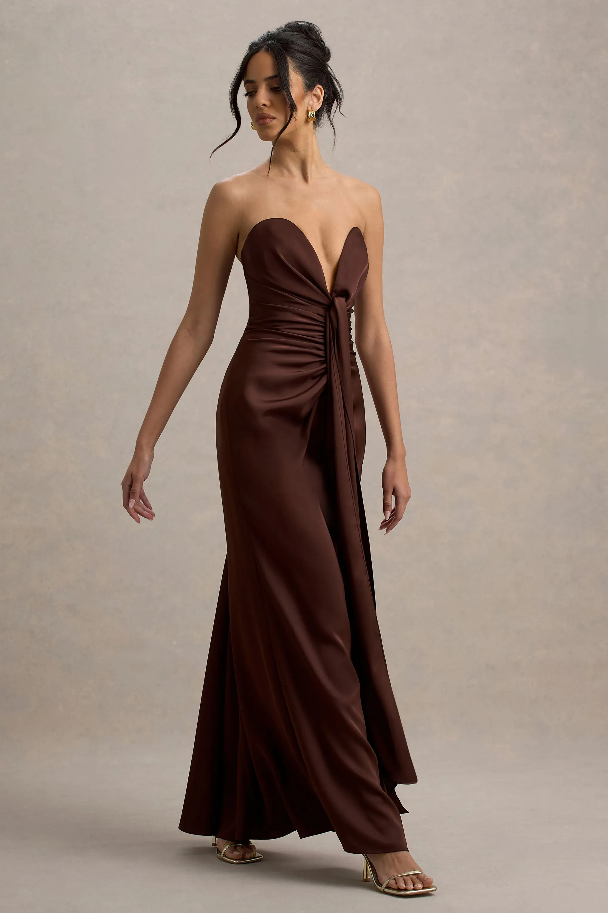 Mackenzie | Brown Satin Plunge-Neck Draped Maxi Dress Club L London