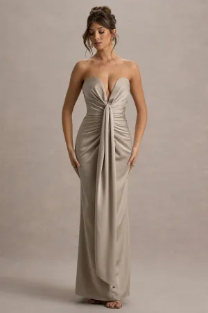 Mackenzie | Champagne Satin Plunge-Neck Draped Maxi Dress Club L London
