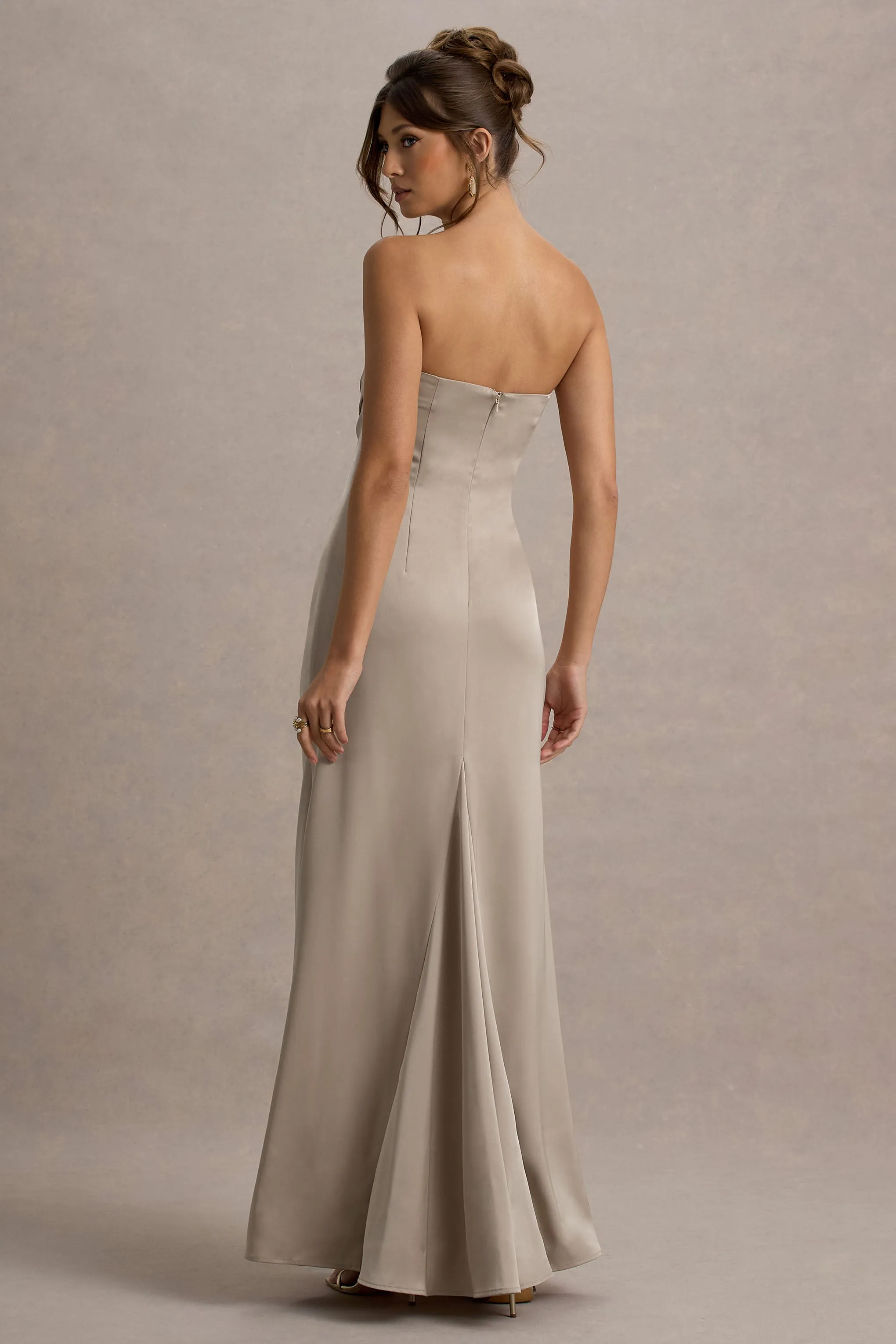 Mackenzie | Champagne Satin Plunge-Neck Draped Maxi Dress Club L London