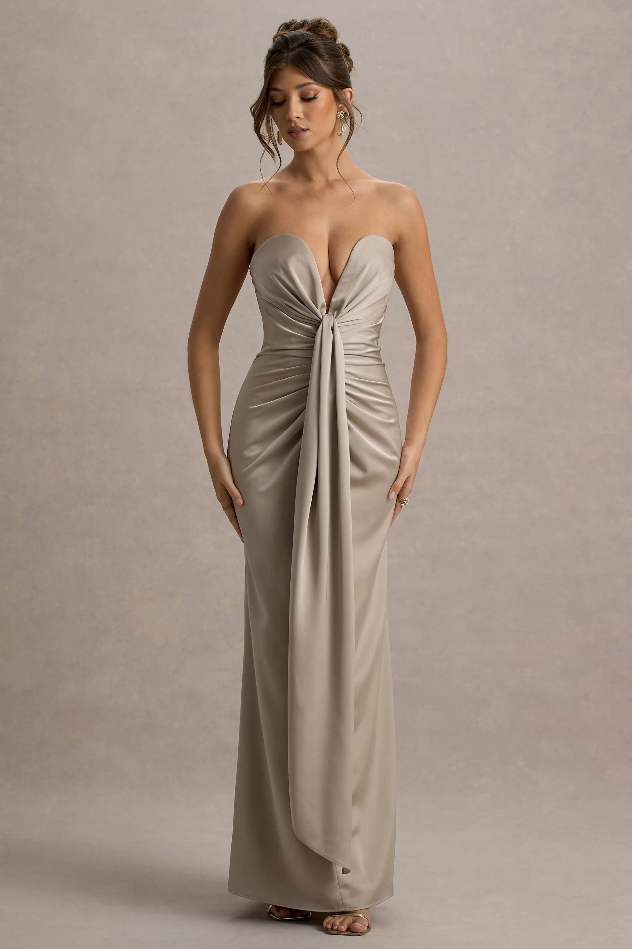 Mackenzie | Champagne Satin Plunge-Neck Draped Maxi Dress Club L London