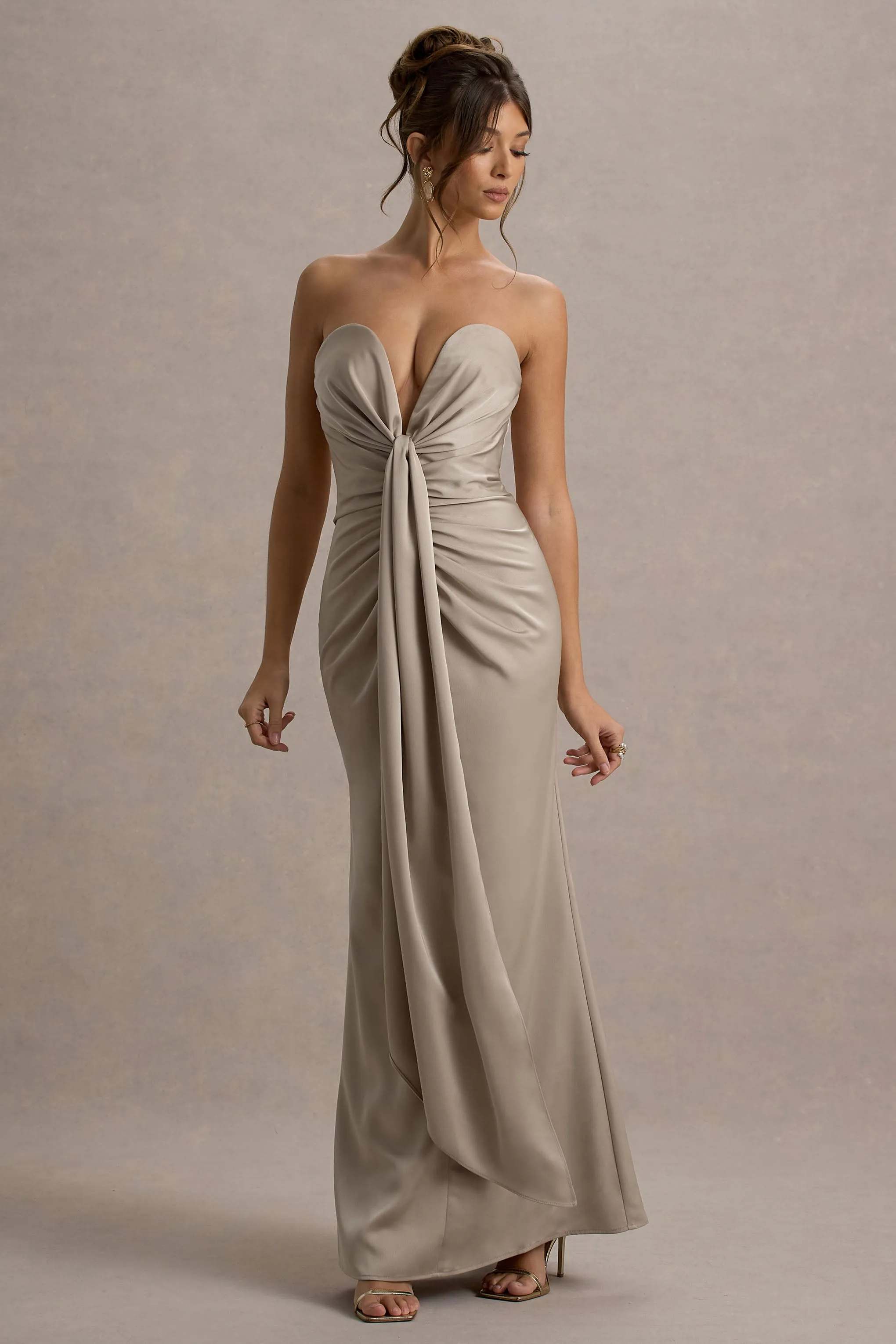 Mackenzie | Champagne Satin Plunge-Neck Draped Maxi Dress Club L London
