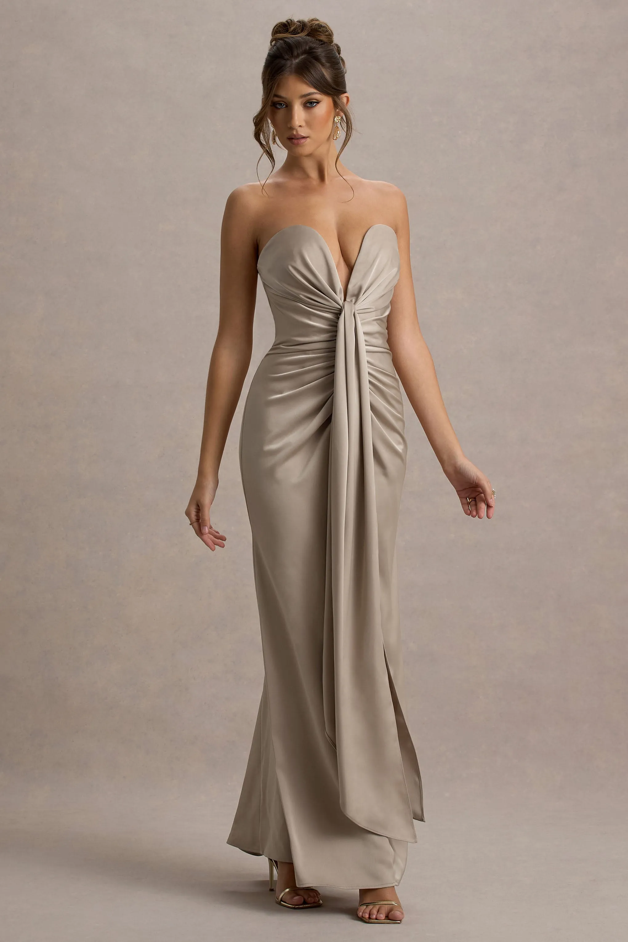 Mackenzie | Champagne Satin Plunge-Neck Draped Maxi Dress Club L London