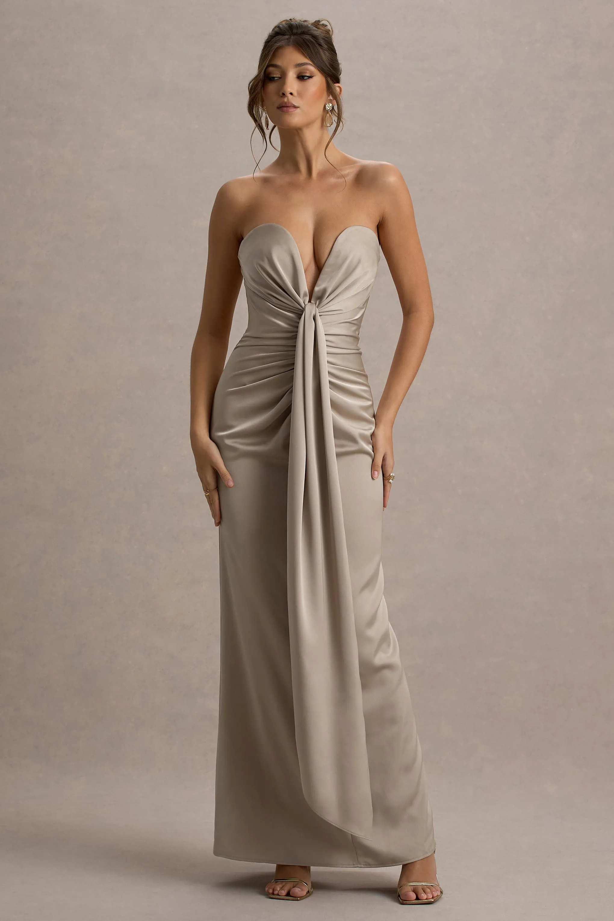 Mackenzie | Champagne Satin Plunge-Neck Draped Maxi Dress Club L London