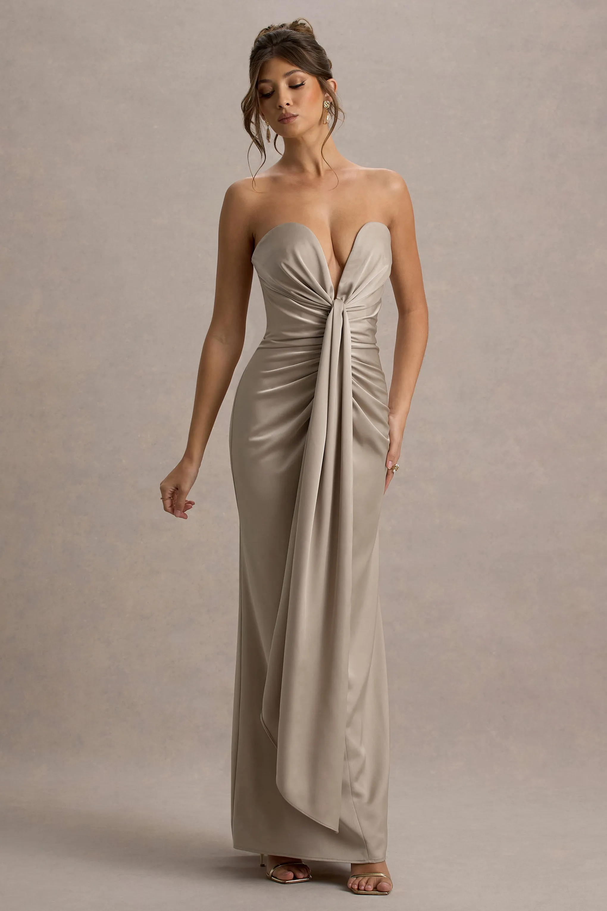 Mackenzie | Champagne Satin Plunge-Neck Draped Maxi Dress Club L London
