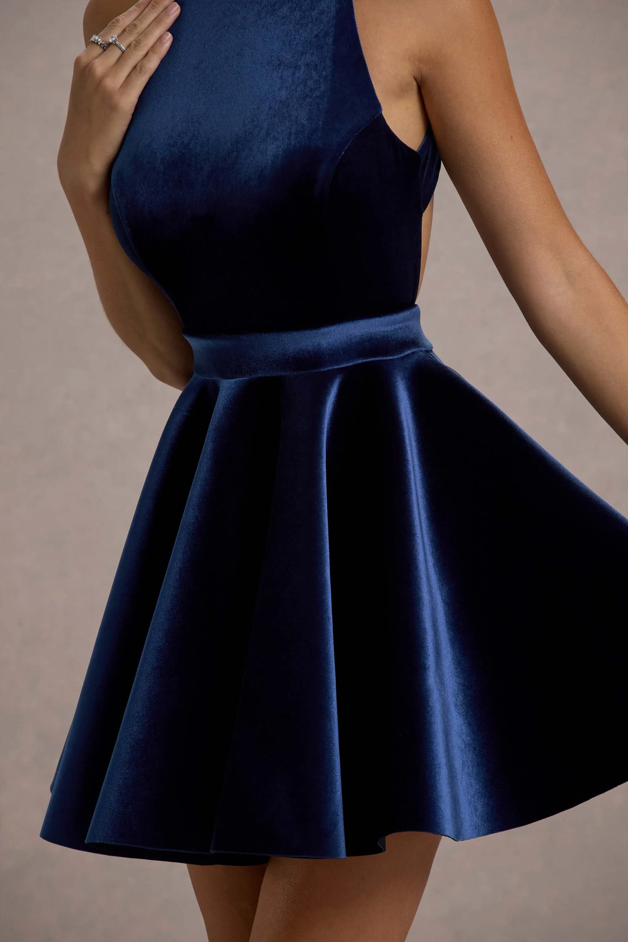 Mackie | Navy Velvet Sleeveless Skater Mini Dress Club L London