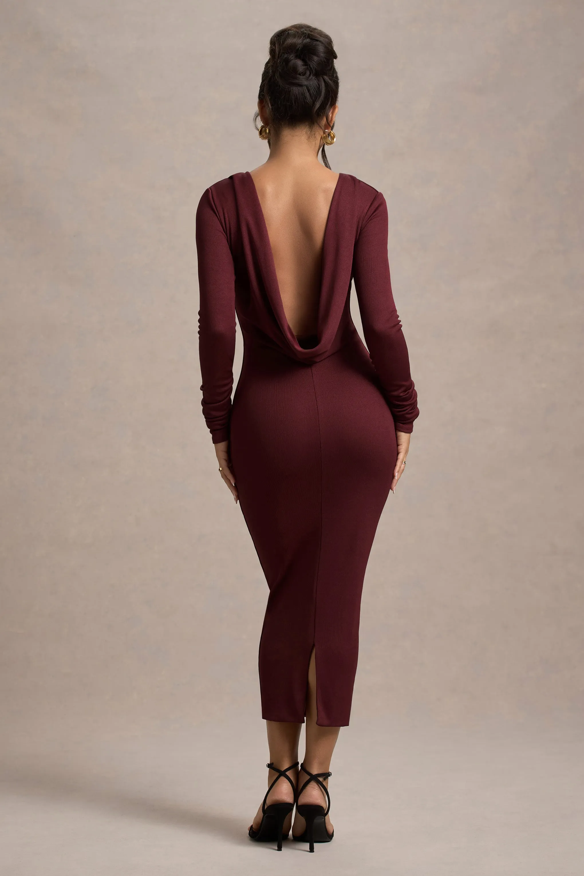 Madden | Plum Rib Knit Cowl-Back Midi Dress Club L London