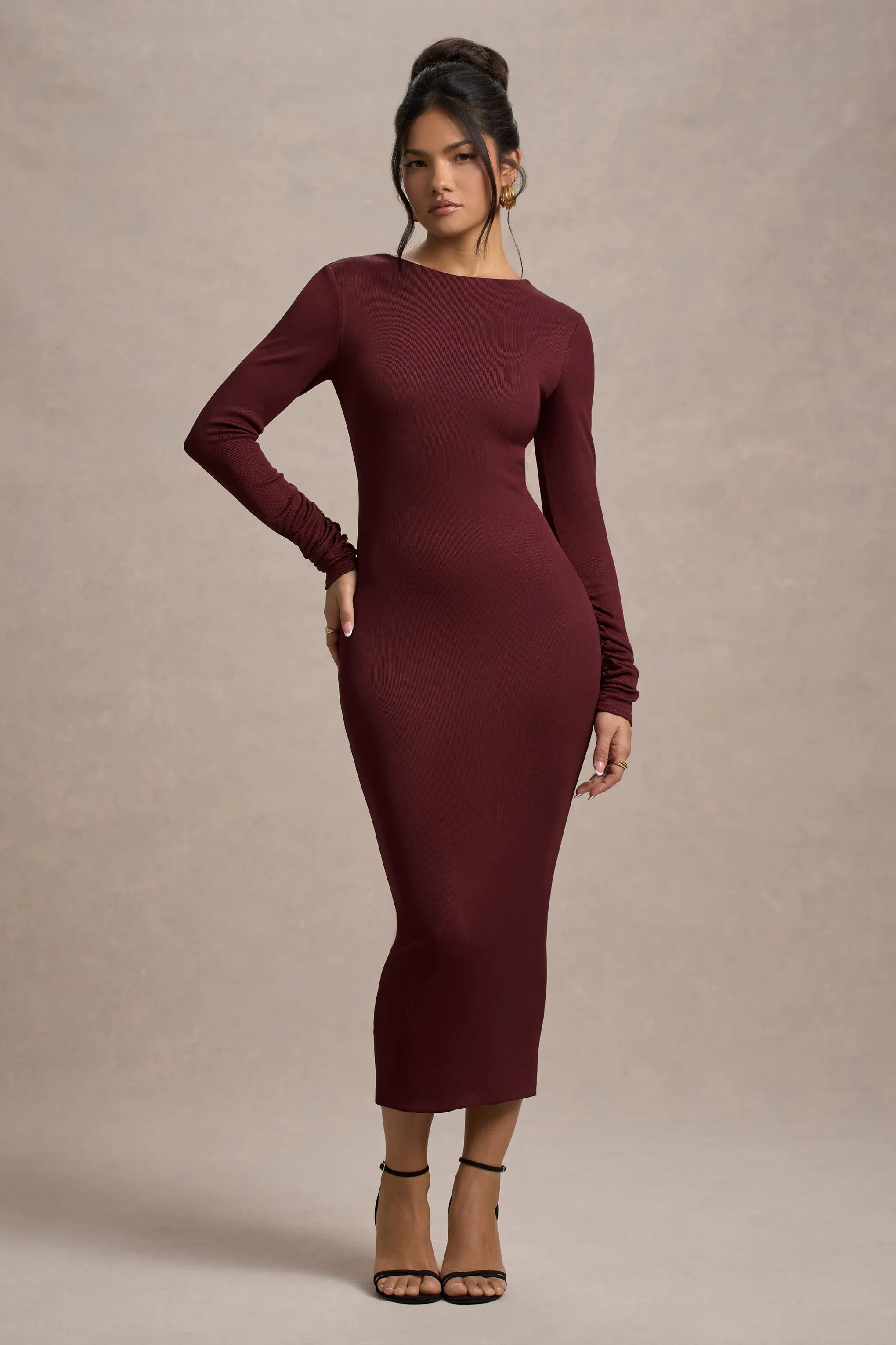 Madden | Plum Rib Knit Cowl-Back Midi Dress Club L London