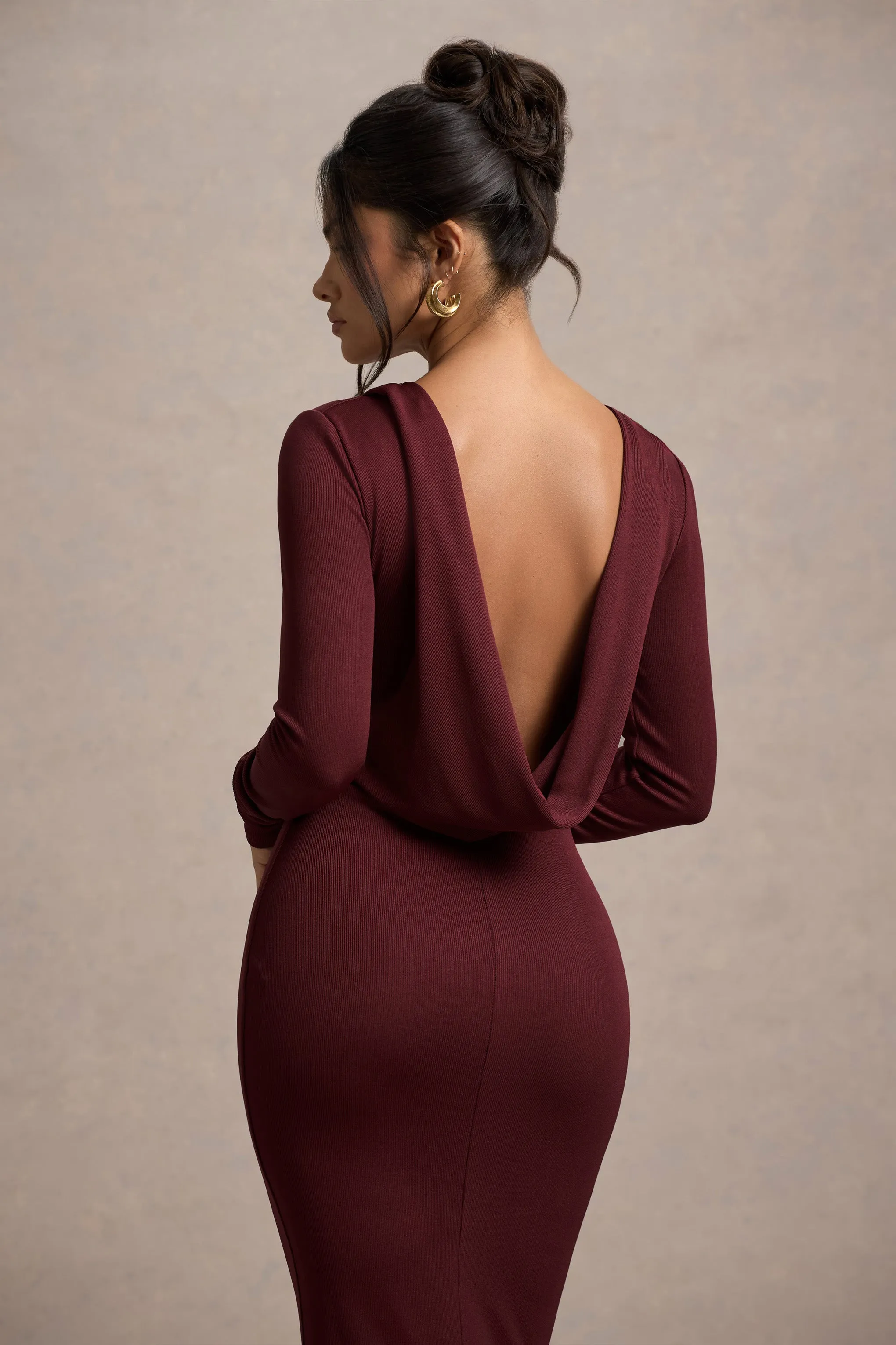 Madden | Plum Rib Knit Cowl-Back Midi Dress Club L London