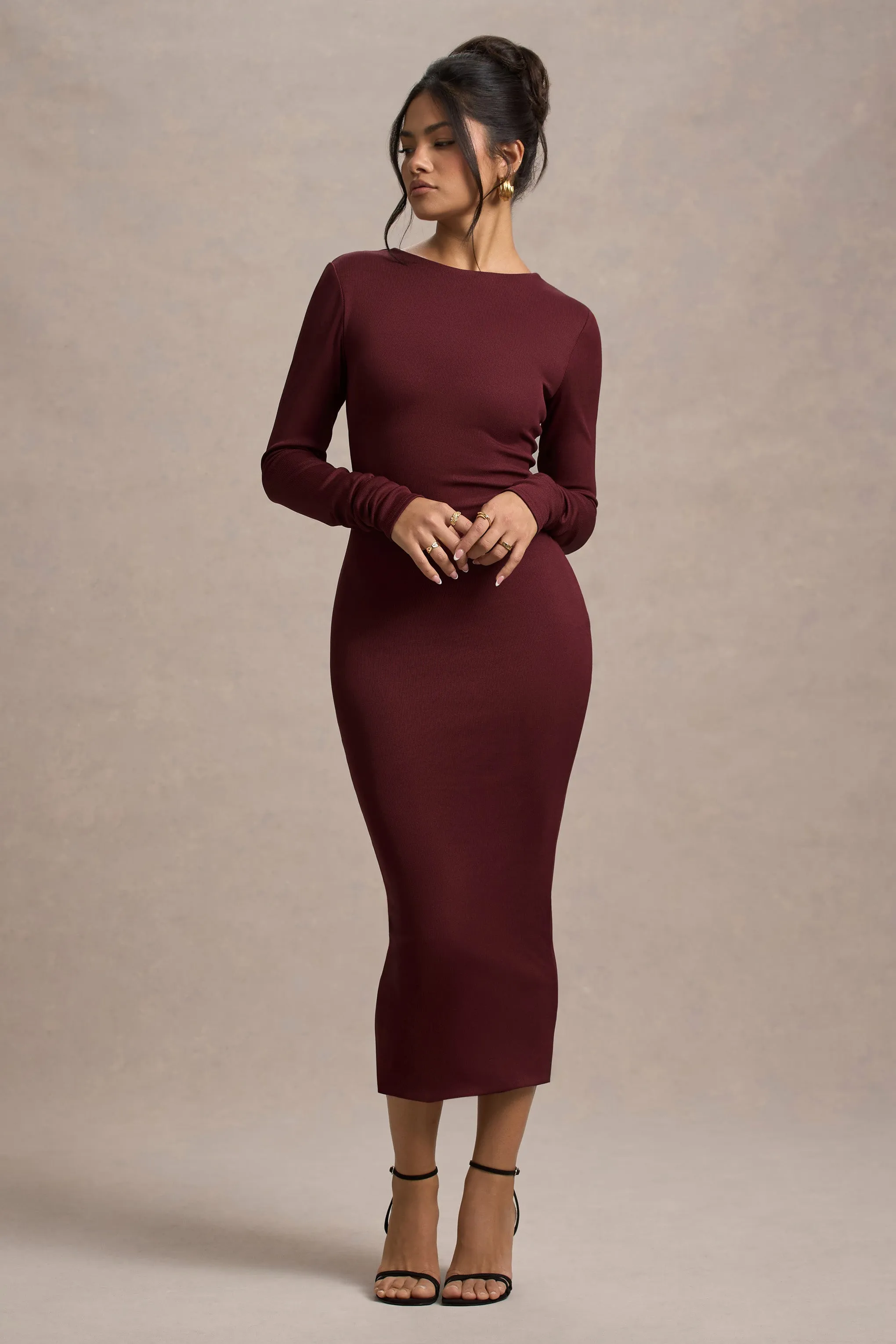 Madden | Plum Rib Knit Cowl-Back Midi Dress Club L London