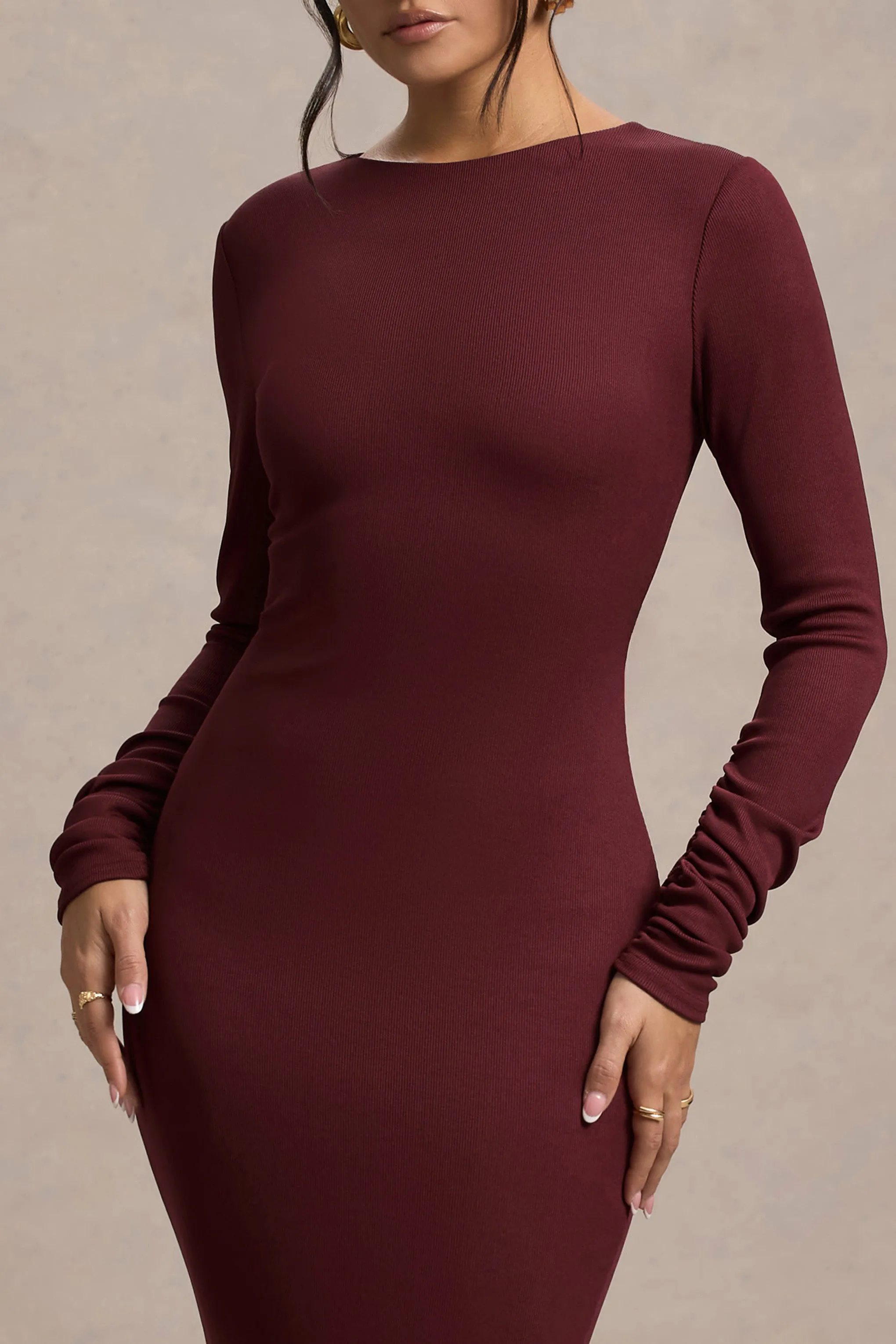 Madden | Plum Rib Knit Cowl-Back Midi Dress Club L London