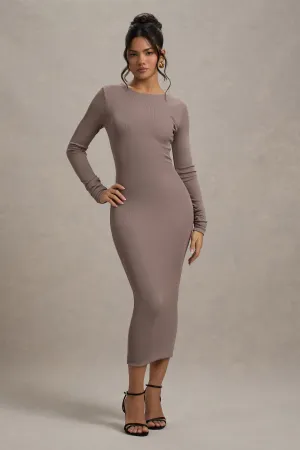 Madden | Taupe Rib Knit Cowl-Back Midi Dress Club L London