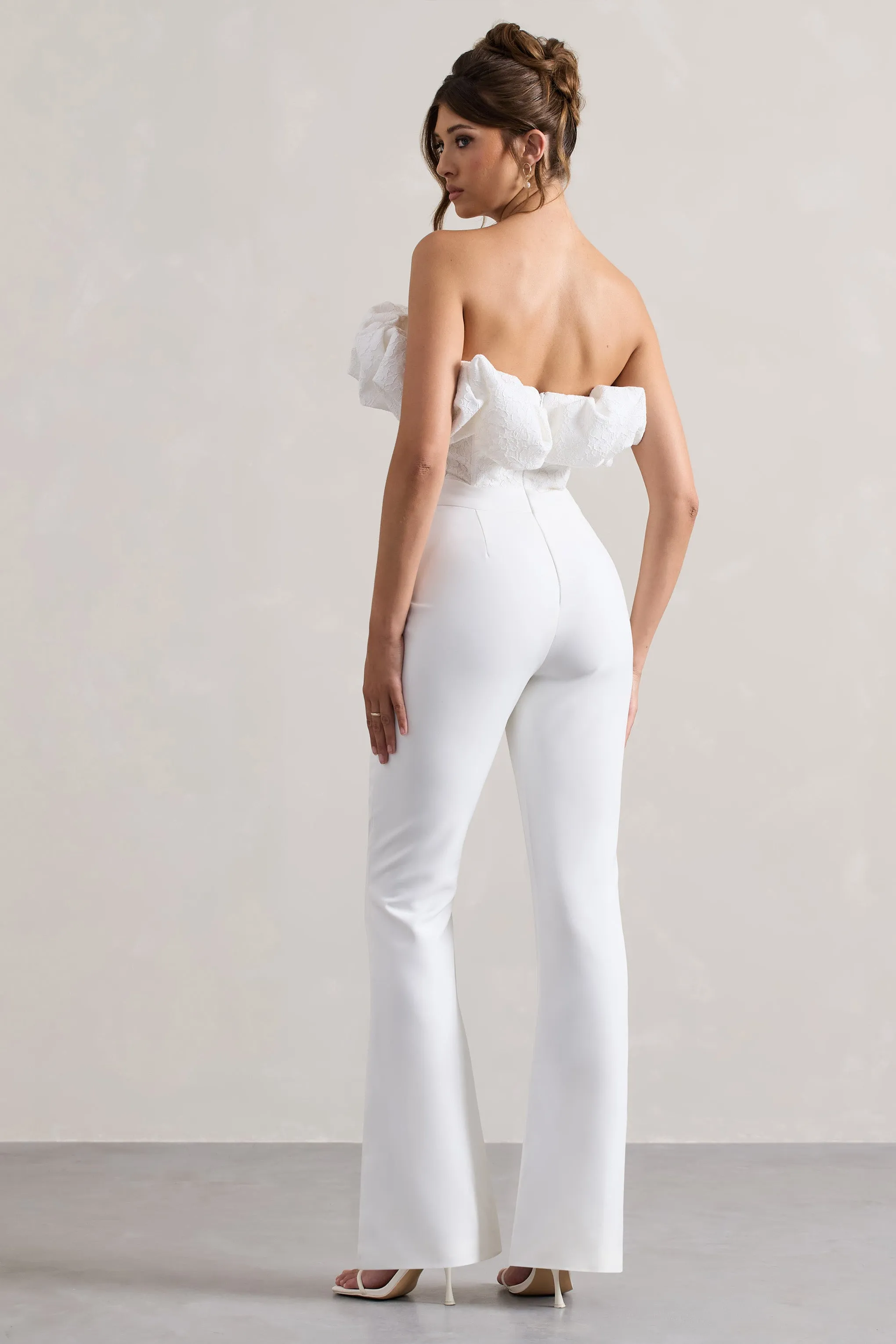 Maddox | White Strapless Ruffled Flared-Leg Jumpsuit Club L London