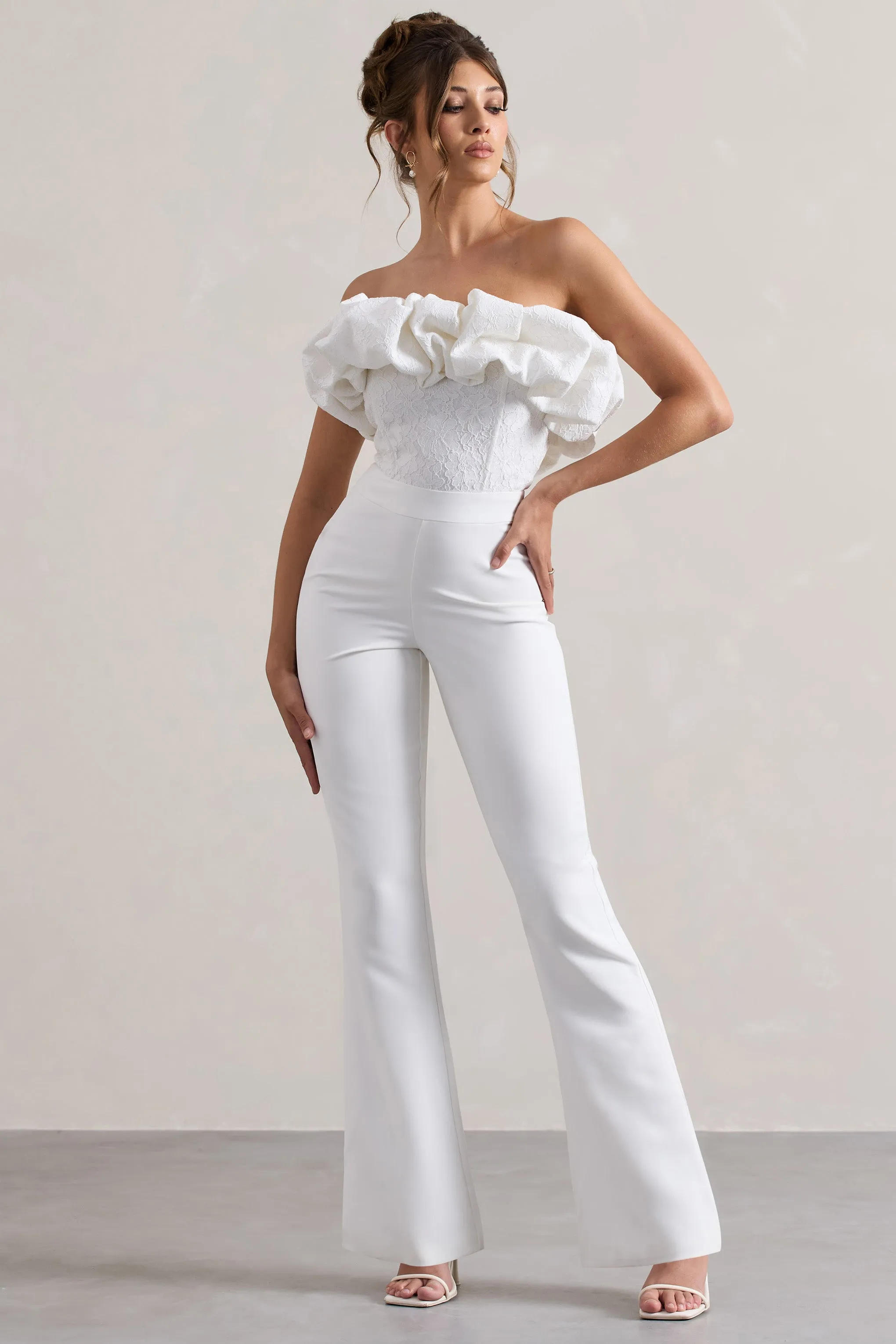 Maddox | White Strapless Ruffled Flared-Leg Jumpsuit Club L London