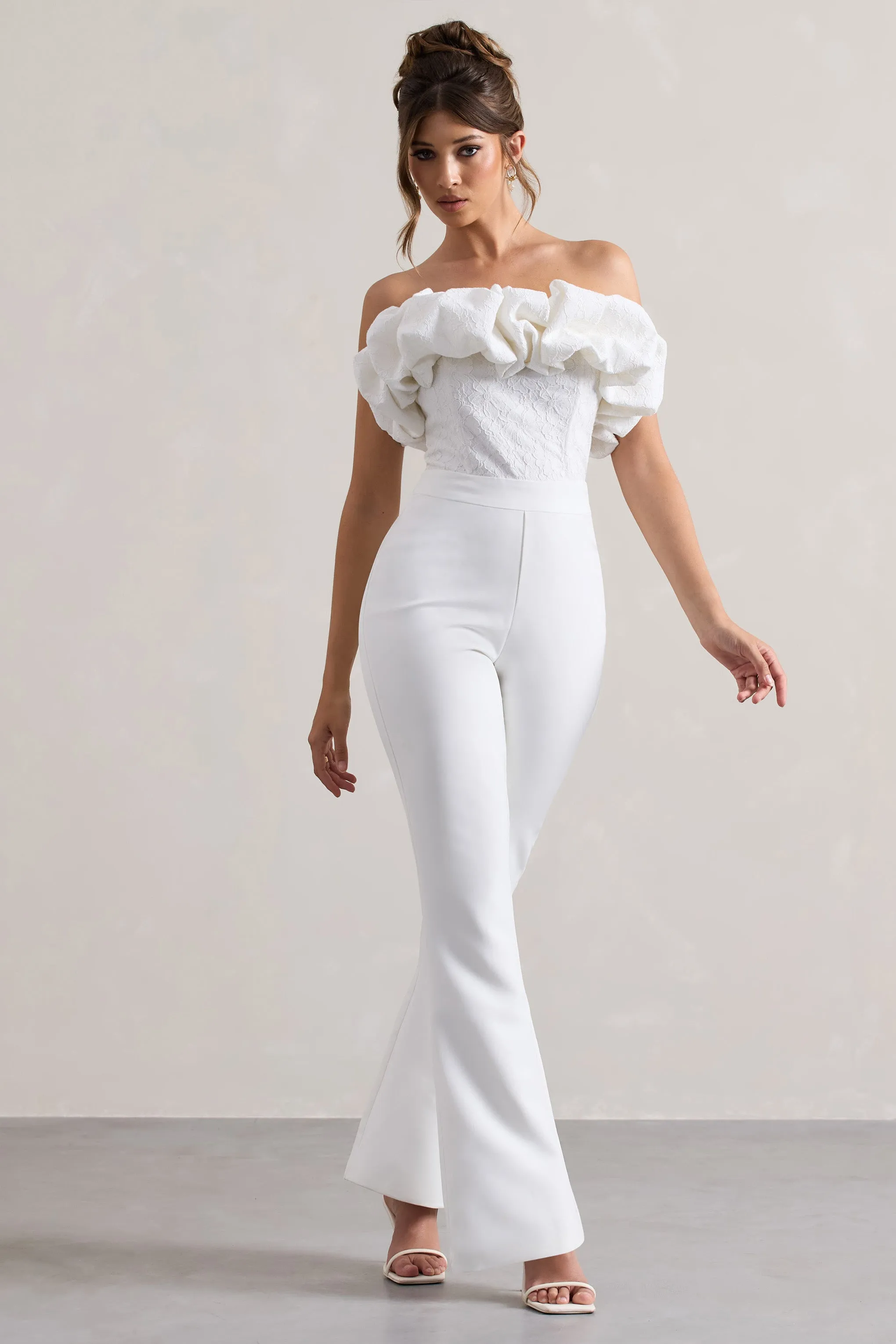 Maddox | White Strapless Ruffled Flared-Leg Jumpsuit Club L London